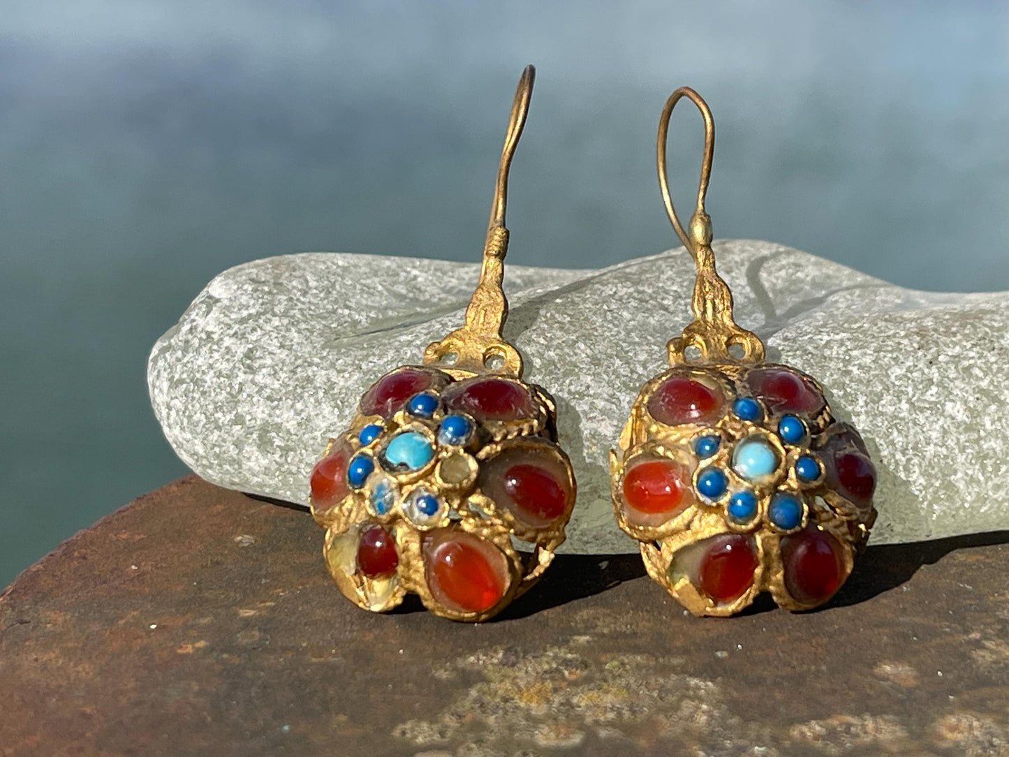 Gypsy jewellery, gold vintage earrings, red jewellery, ethical jewellery, gypsy earrings, romantic gifts, eco friendly jewellery