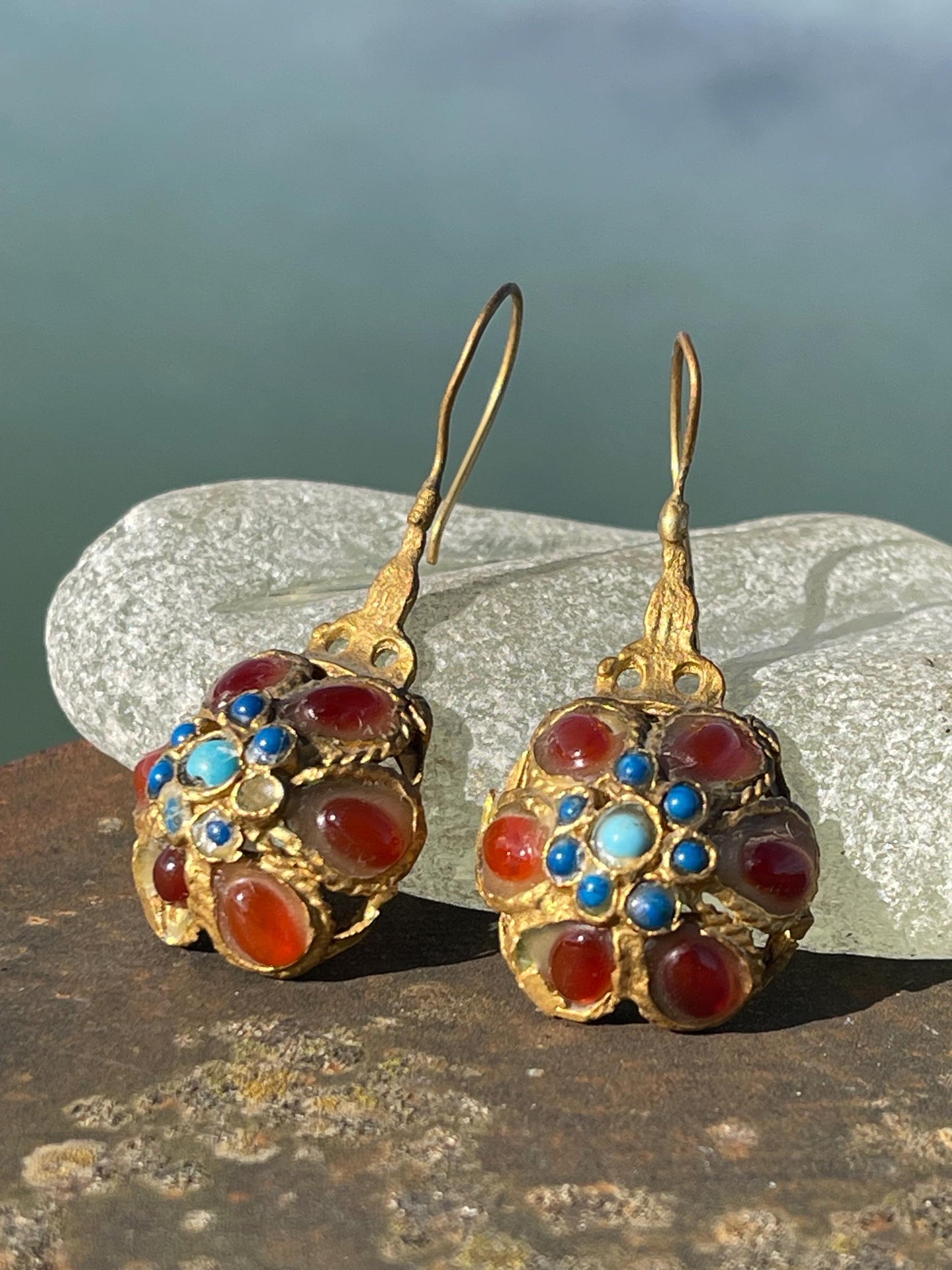Gypsy jewellery, gold vintage earrings, red jewellery, ethical jewellery, gypsy earrings, romantic gifts, eco friendly jewellery