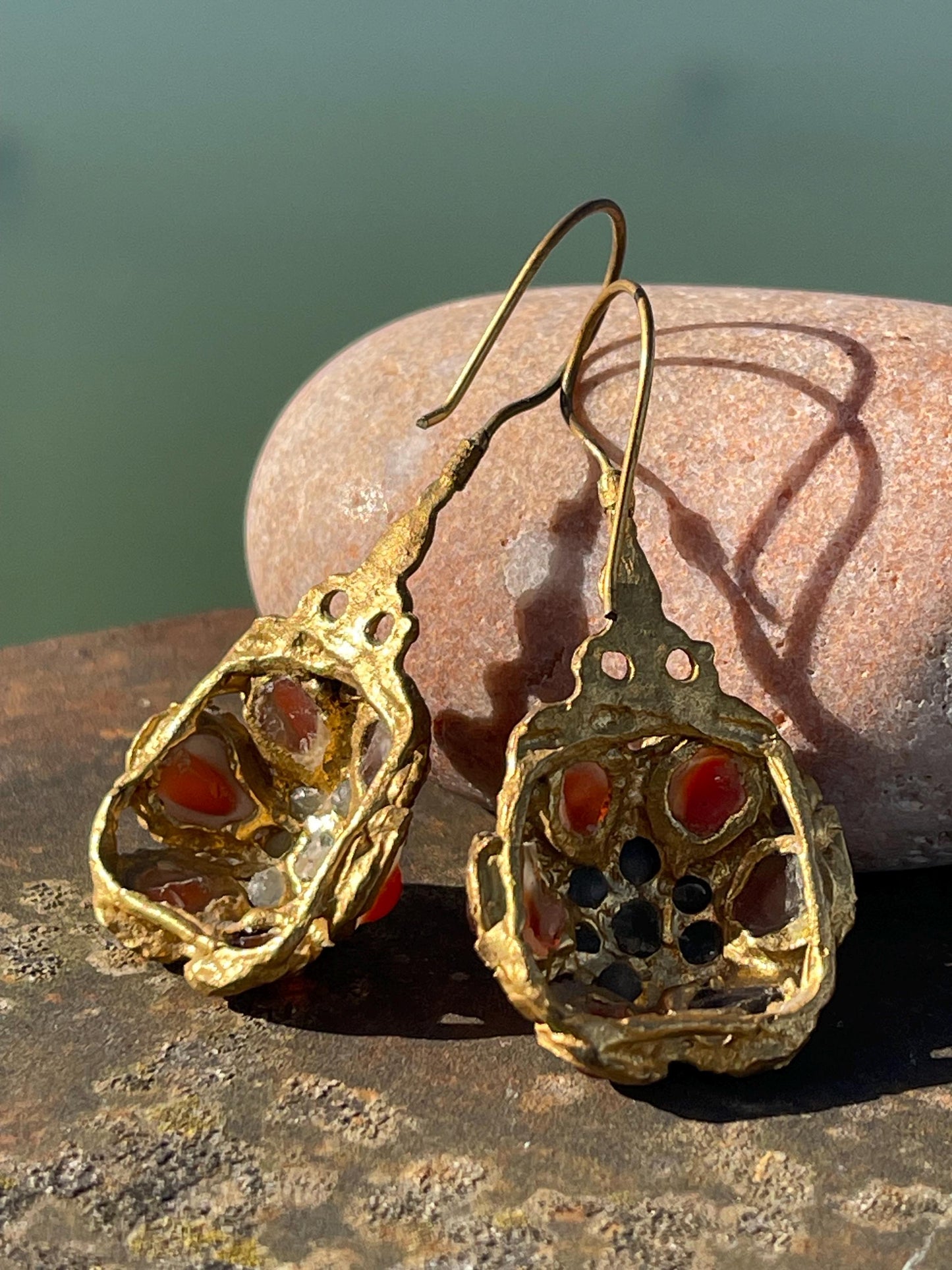Gypsy jewellery, gold vintage earrings, red jewellery, ethical jewellery, gypsy earrings, romantic gifts, eco friendly jewellery