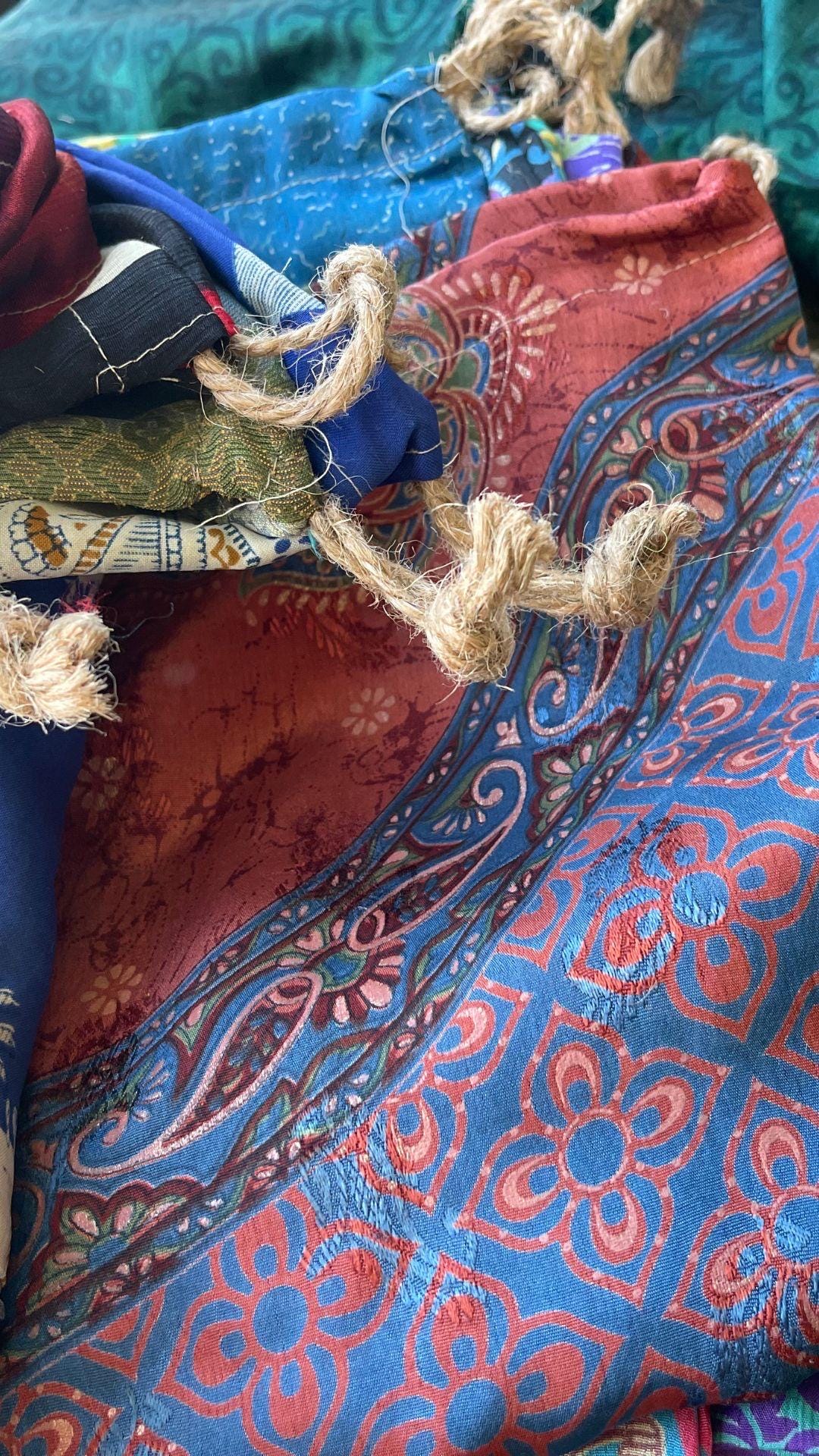 Small & medium recycled sari bags. Eco friendly wrapping option. Recycled bags for gifts. Recycled gift bags. Ethical draw string bags.