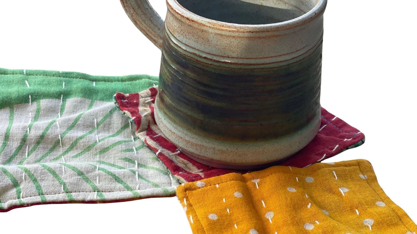 4 Recycled coasters. Eco friendly coasters made from vintage throws. Colourful home decor. Recycled cup matts. Washable and colourful