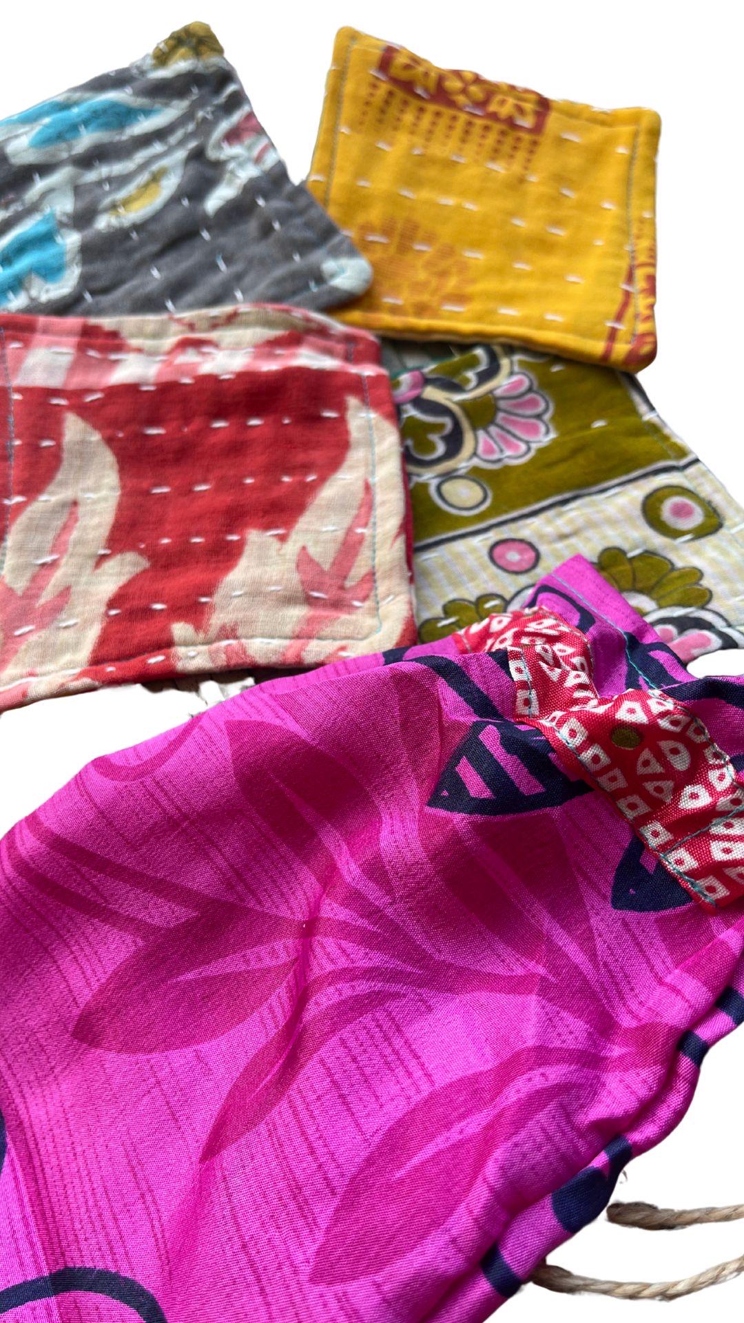 4 Recycled coasters. Eco friendly coasters made from vintage throws. Colourful home decor. Recycled cup matts. Washable and colourful