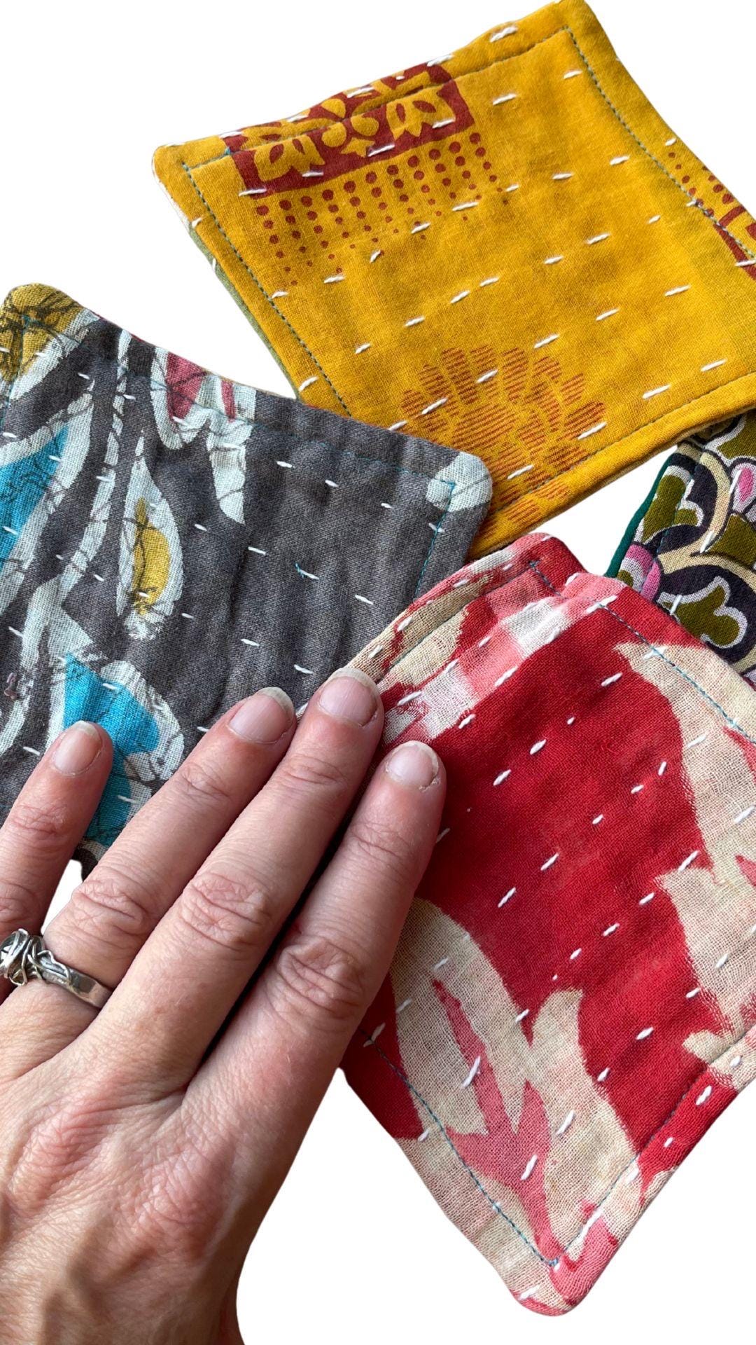 4 Recycled coasters. Eco friendly coasters made from vintage throws. Colourful home decor. Recycled cup matts. Washable and colourful
