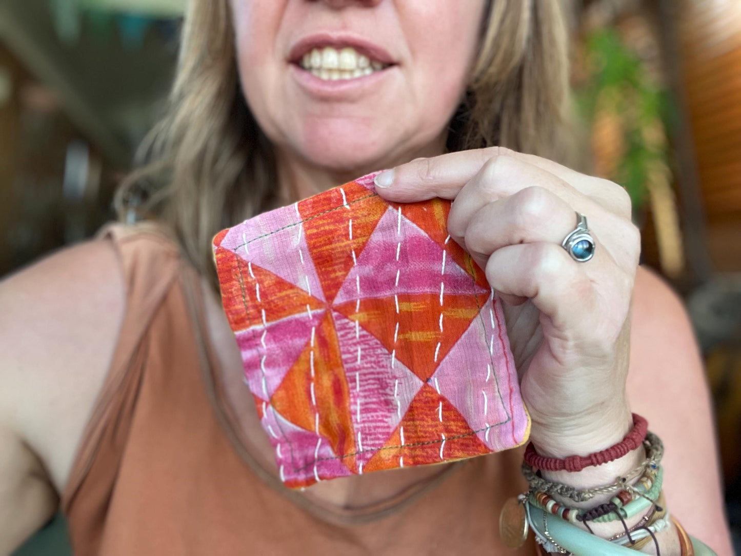 4 Recycled coasters. Eco friendly coasters made from vintage throws. Colourful home decor. Recycled cup matts. Washable and colourful