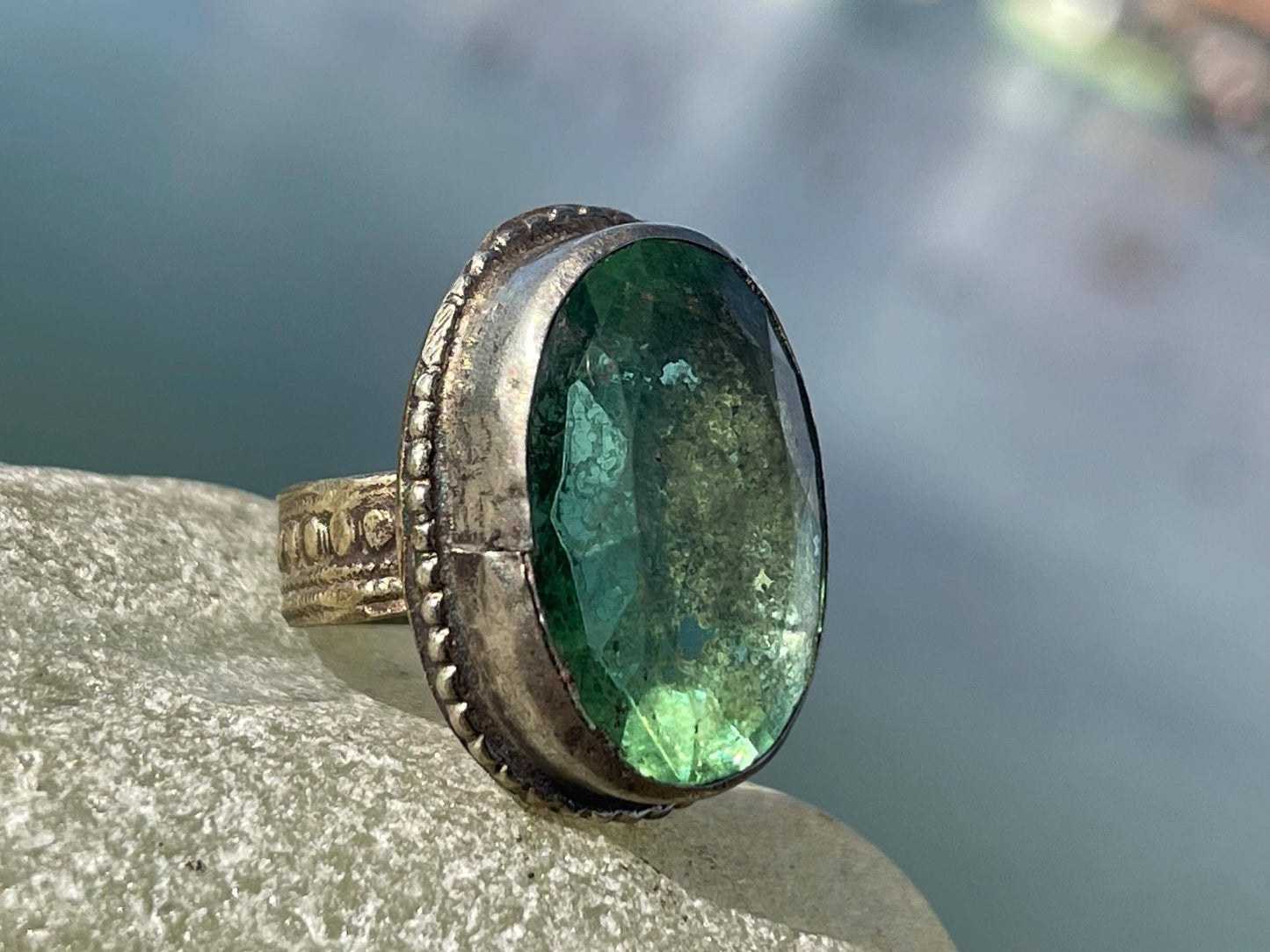 Fabulous vintage ring, large green ring, boho vintage jewellery, ethical jewellery, gypsy ring. Gypsy jewellery, statement jewellery
