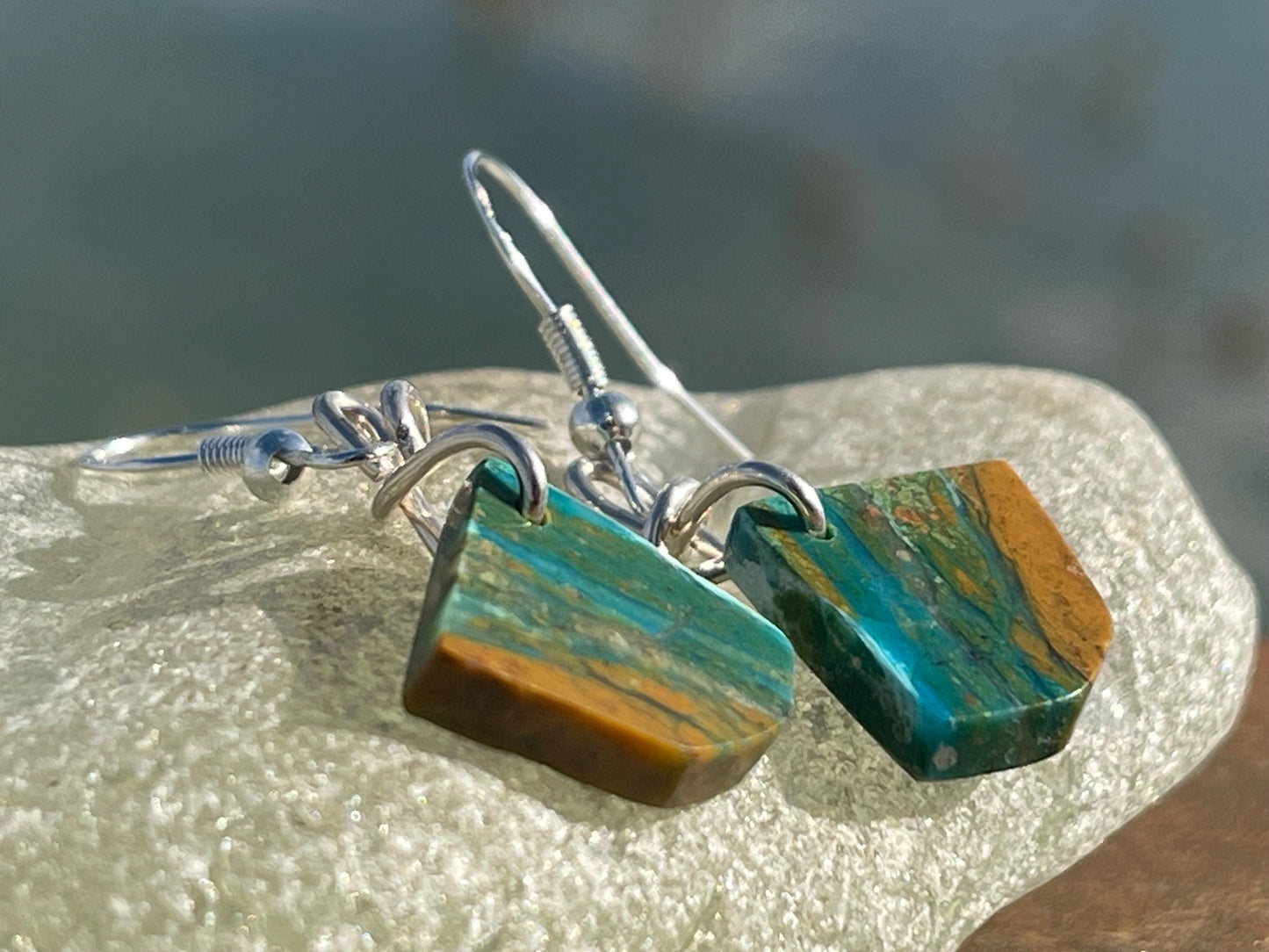 Blue opal nugget earrings on recycled sterling silver. Handmade unusual earrings. Boho earrings. Uniqie jewellery.