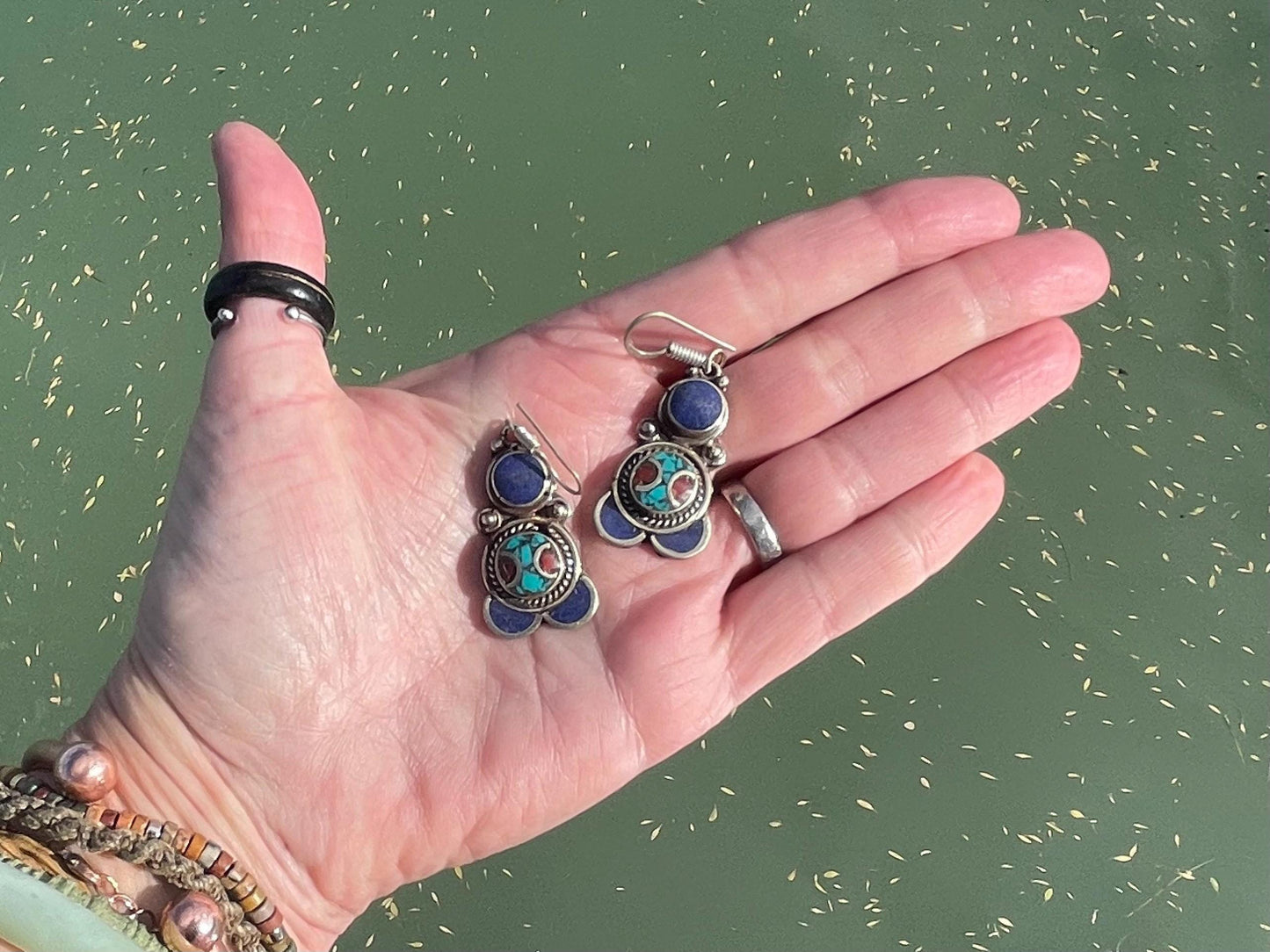 Vintage turquoise & lapis earrings, turquoise jewellery, ethical jewellery, gypsy earrings. Eco friendly jewellery. Ethical jewellery.