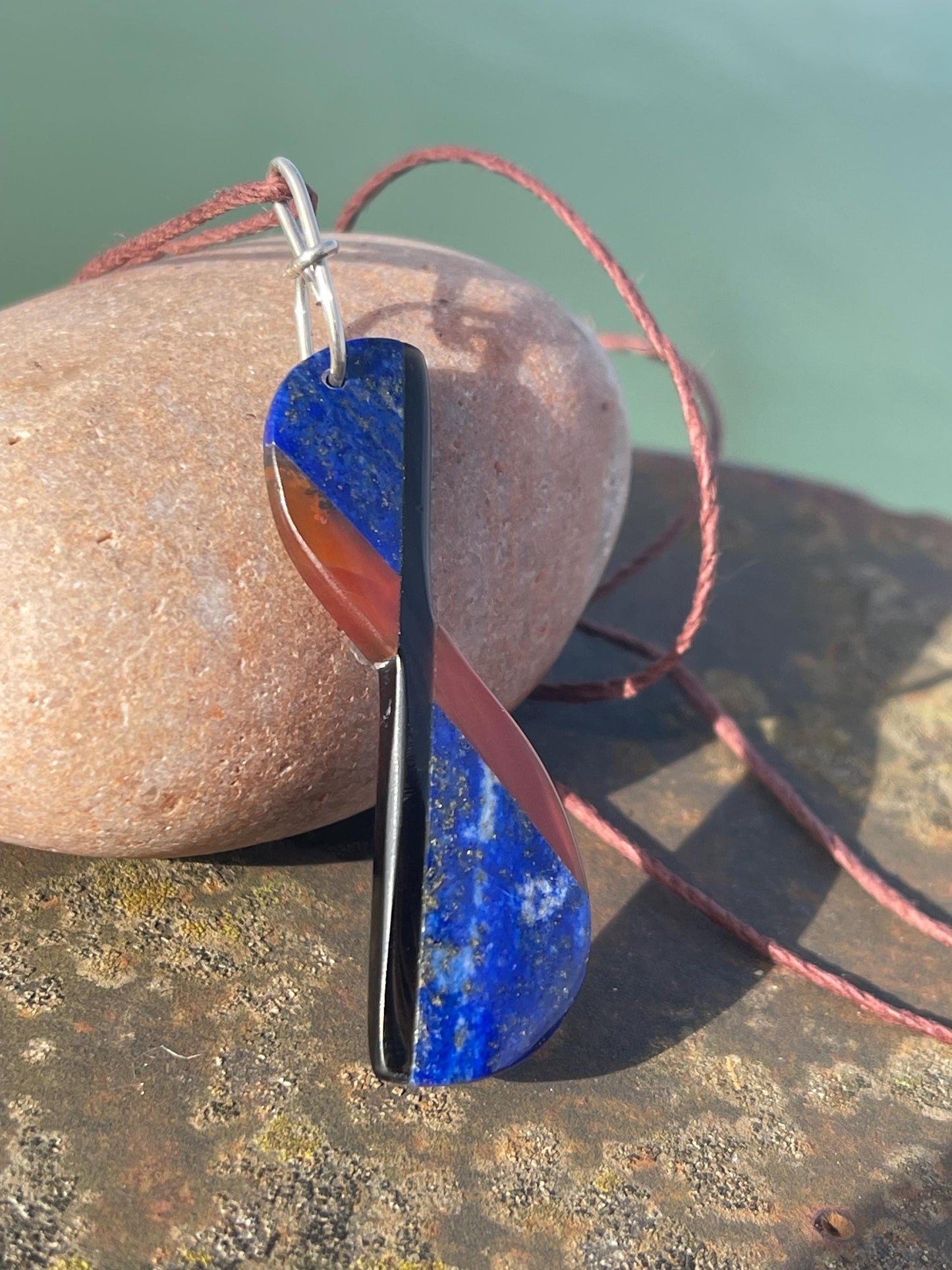 Handmade lapis lazuli necklace. Lapis and carnelian pendant on recycled sterling silver. Romantic gift for her. Unusual lapis jewellery.