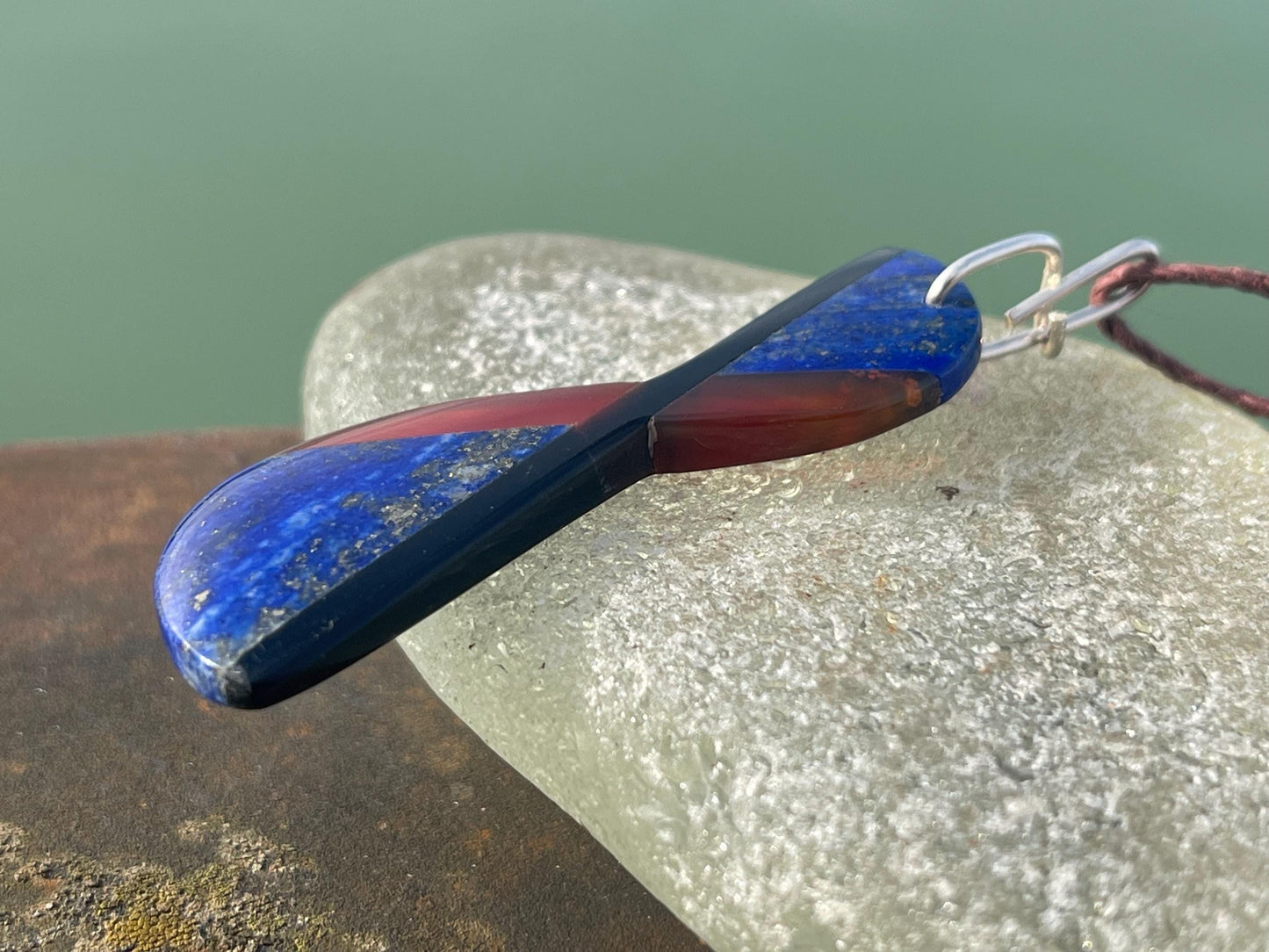 Handmade lapis lazuli necklace. Lapis and carnelian pendant on recycled sterling silver. Romantic gift for her. Unusual lapis jewellery.