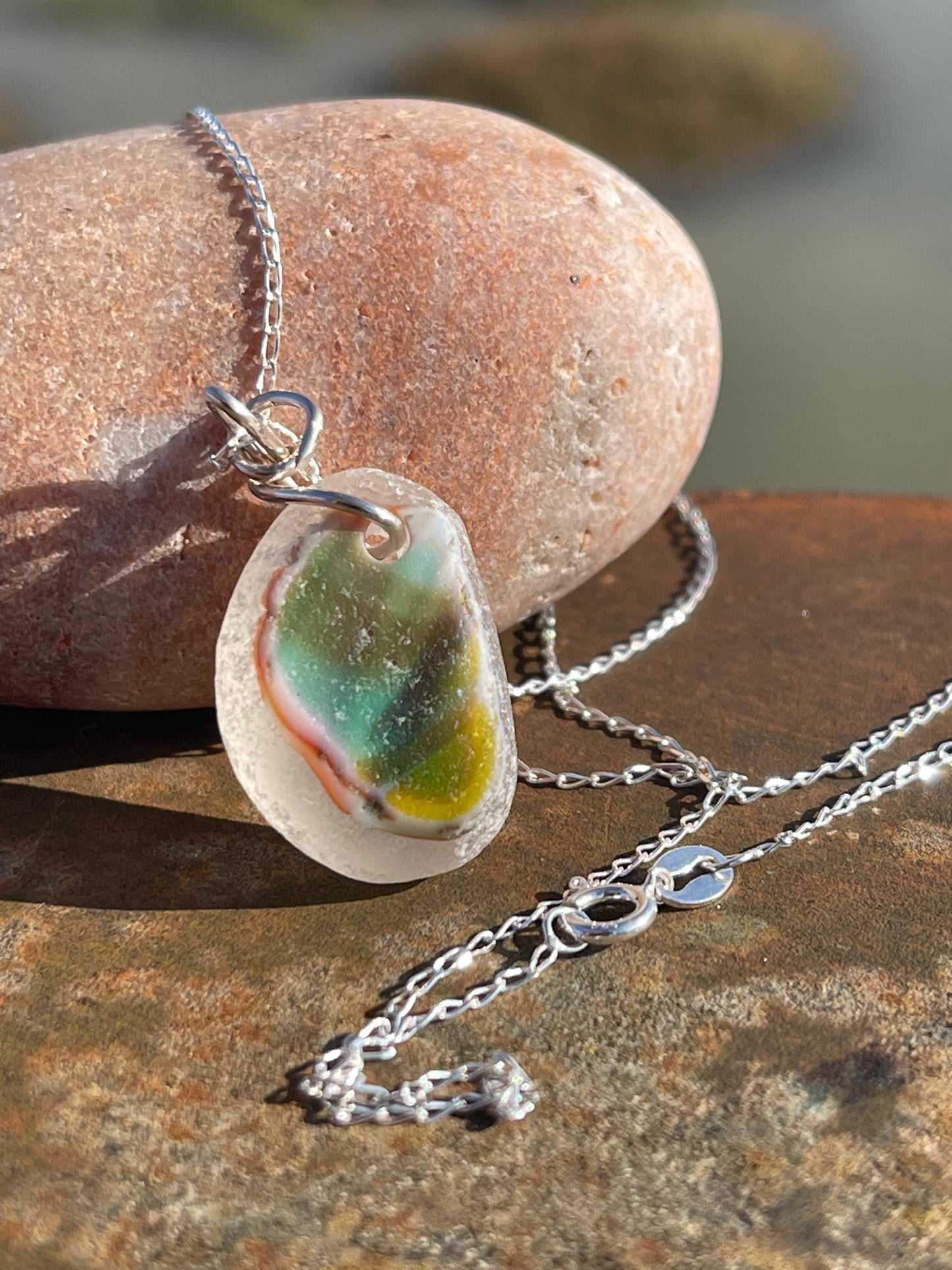 Eco friendly sea glass necklace on a sterling silver chain.  Eco friendly jewellery. Unusual sea glass jewellery. Handmade ethical jewellery