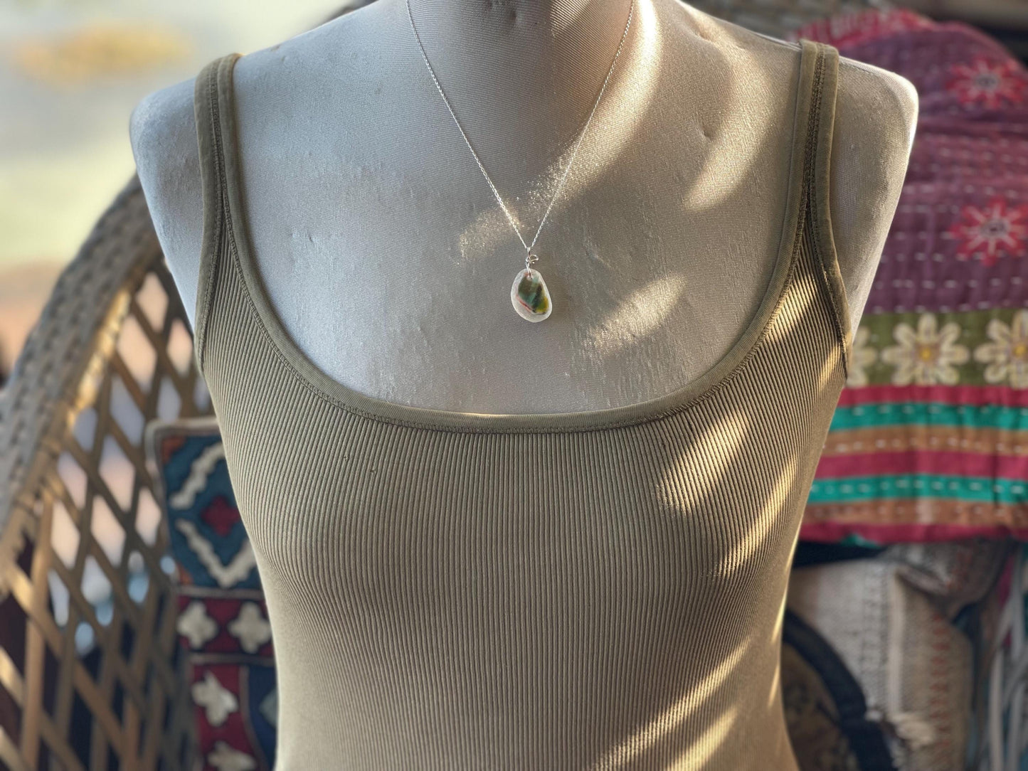 Eco friendly sea glass necklace on a sterling silver chain.  Eco friendly jewellery. Unusual sea glass jewellery. Handmade ethical jewellery