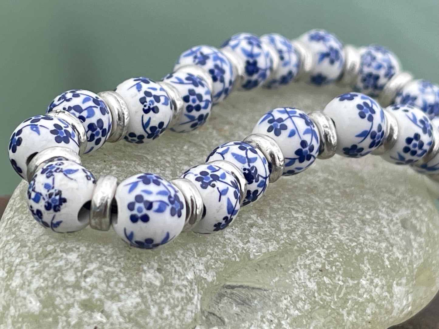 Up-cycled ceramic bracelet. Eco friendly jewellery. Handmade bracelet. Ethical jewellery. Silver, white and blue ceramic bracelet.