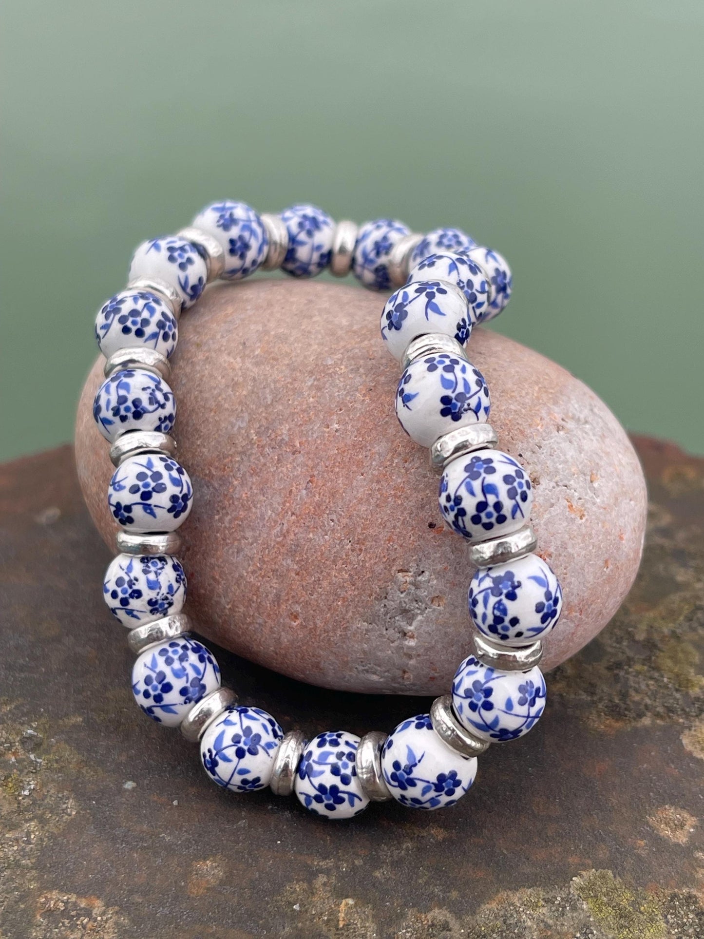 Up-cycled ceramic bracelet. Eco friendly jewellery. Handmade bracelet. Ethical jewellery. Silver, white and blue ceramic bracelet.