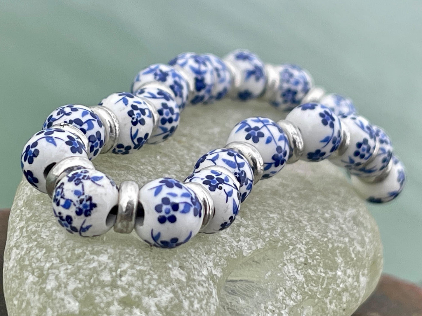 Up-cycled ceramic bracelet. Eco friendly jewellery. Handmade bracelet. Ethical jewellery. Silver, white and blue ceramic bracelet.