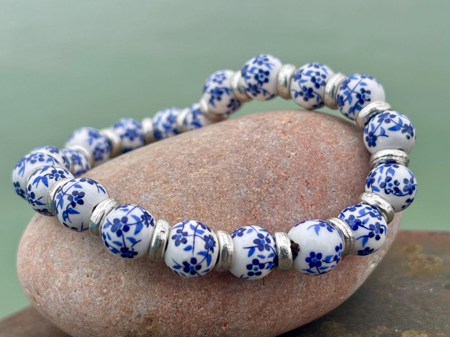 Up-cycled ceramic bracelet. Eco friendly jewellery. Handmade bracelet. Ethical jewellery. Silver, white and blue ceramic bracelet.