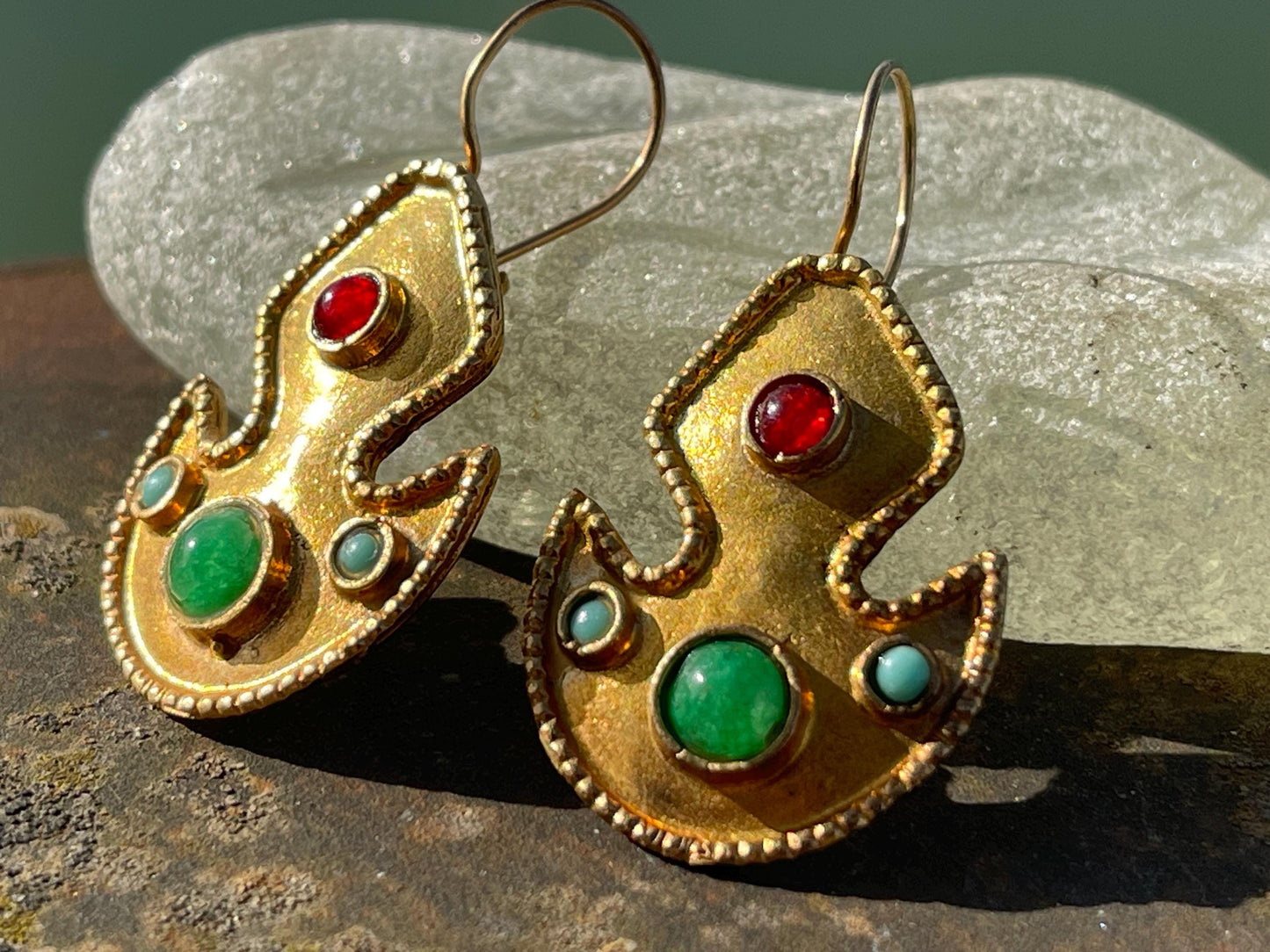 Gypsy jewellery, gold vintage earrings, red jewellery, ethical jewellery, gypsy earrings, romantic gifts, eco friendly jewellery