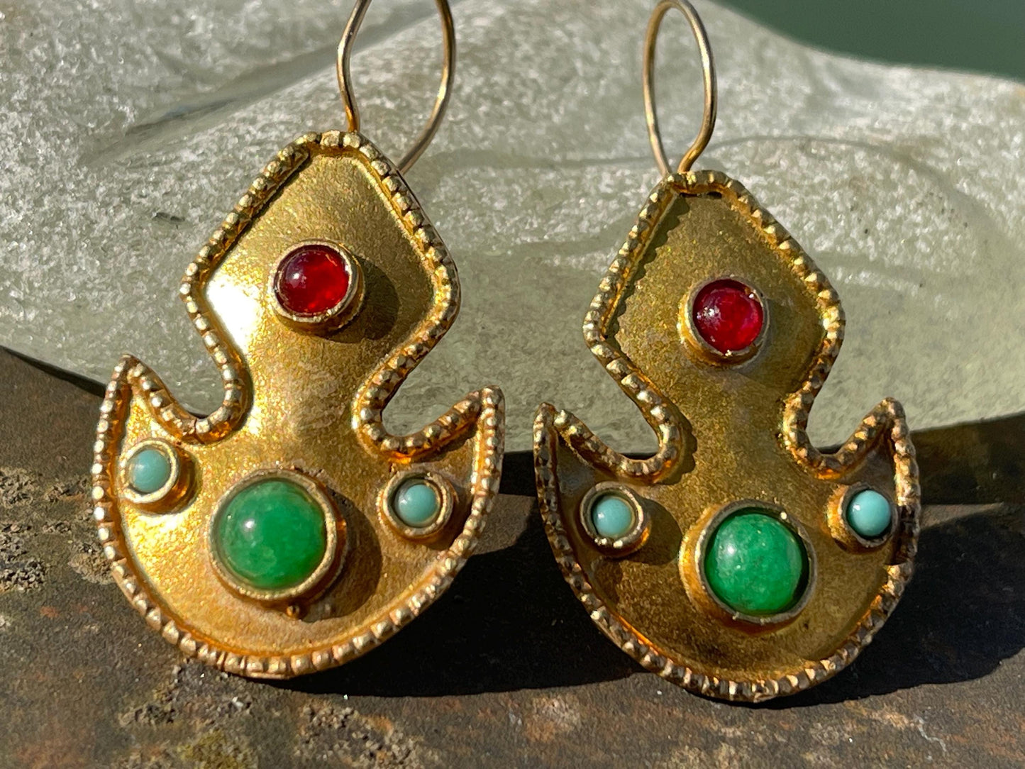 Gypsy jewellery, gold vintage earrings, red jewellery, ethical jewellery, gypsy earrings, romantic gifts, eco friendly jewellery