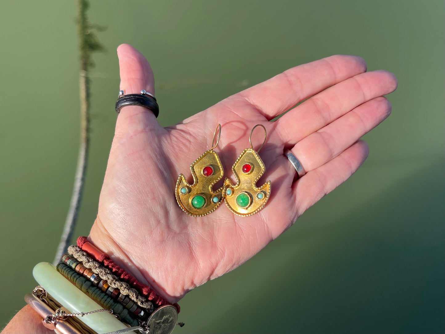 Gypsy jewellery, gold vintage earrings, red jewellery, ethical jewellery, gypsy earrings, romantic gifts, eco friendly jewellery