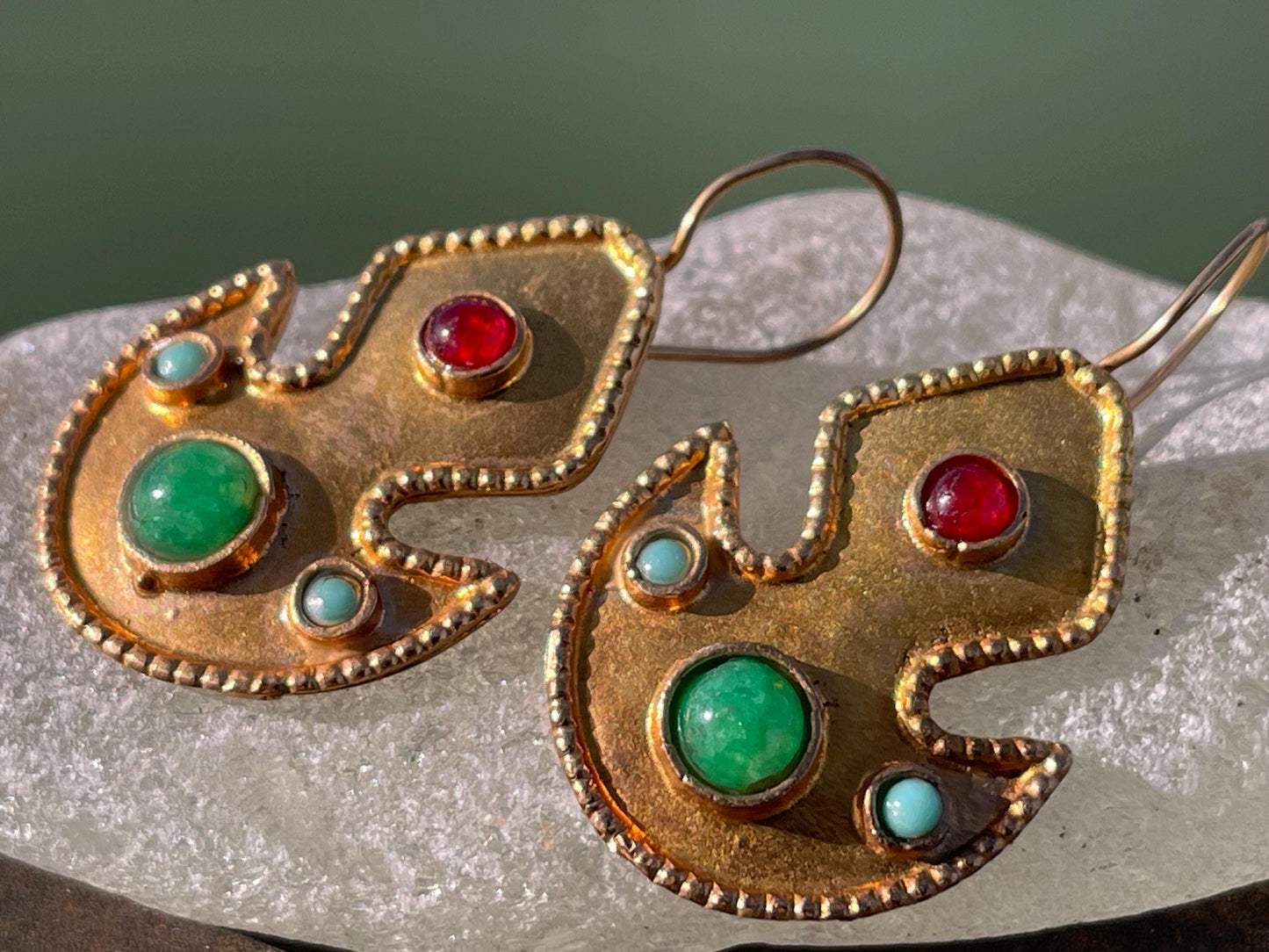 Gypsy jewellery, gold vintage earrings, red jewellery, ethical jewellery, gypsy earrings, romantic gifts, eco friendly jewellery