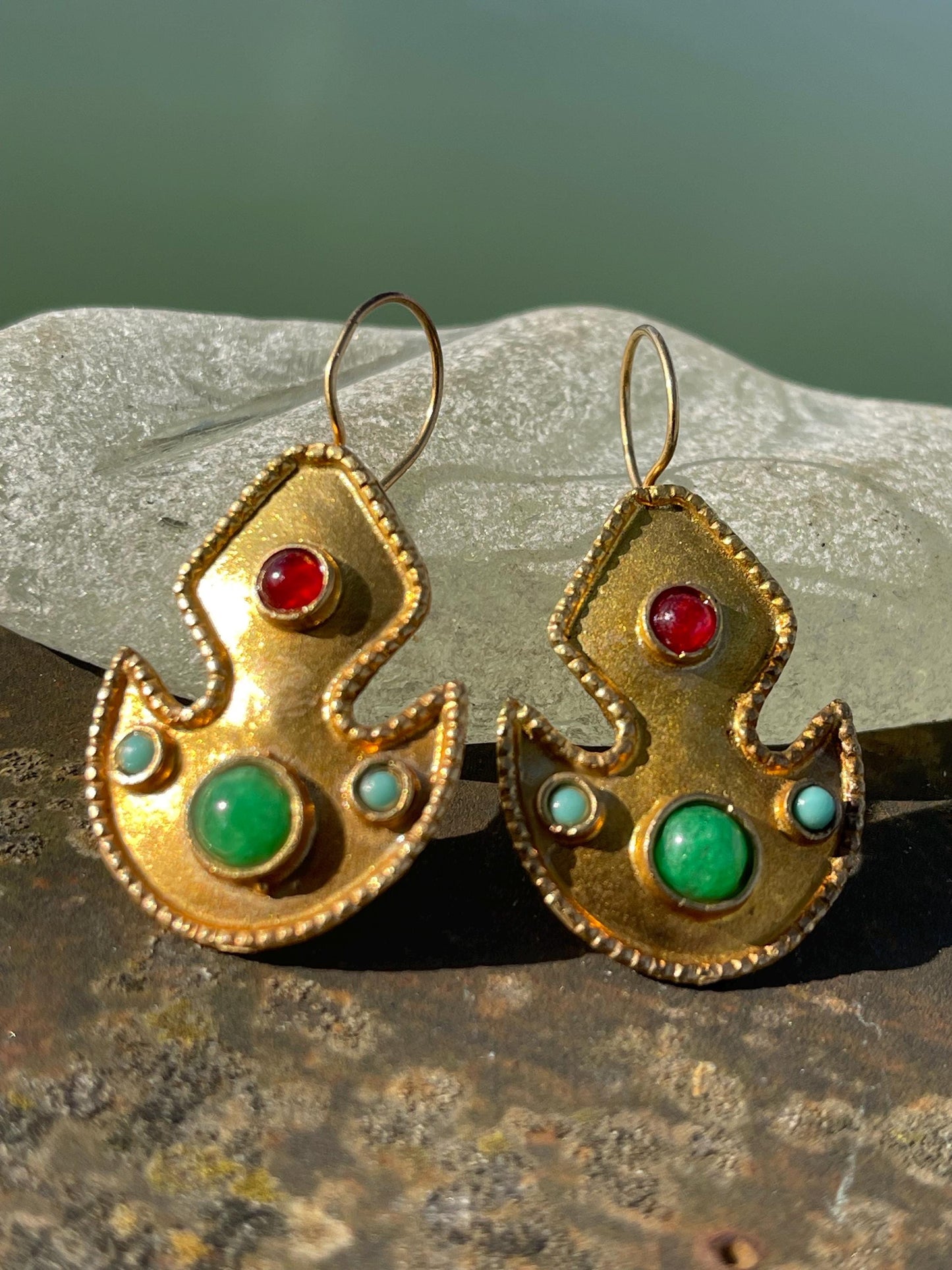 Gypsy jewellery, gold vintage earrings, red jewellery, ethical jewellery, gypsy earrings, romantic gifts, eco friendly jewellery