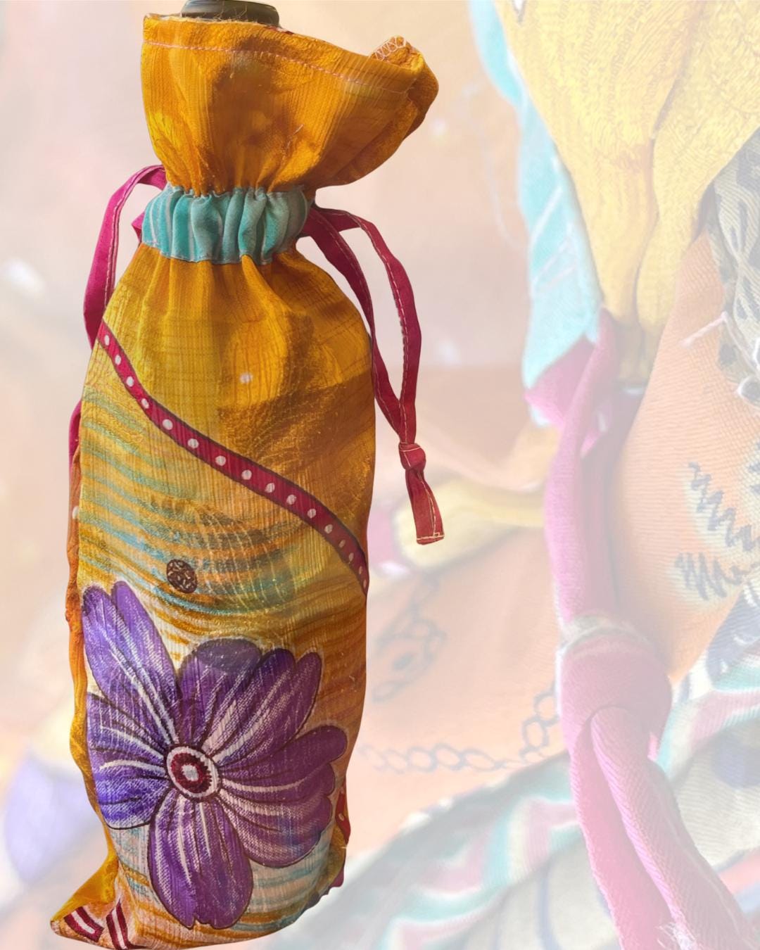 4 recycled sari bottle bags. Eco friendly bottle bags. Recycled bags for gifts. Recycled gift bags. Ethical draw string bags. Wine bags.