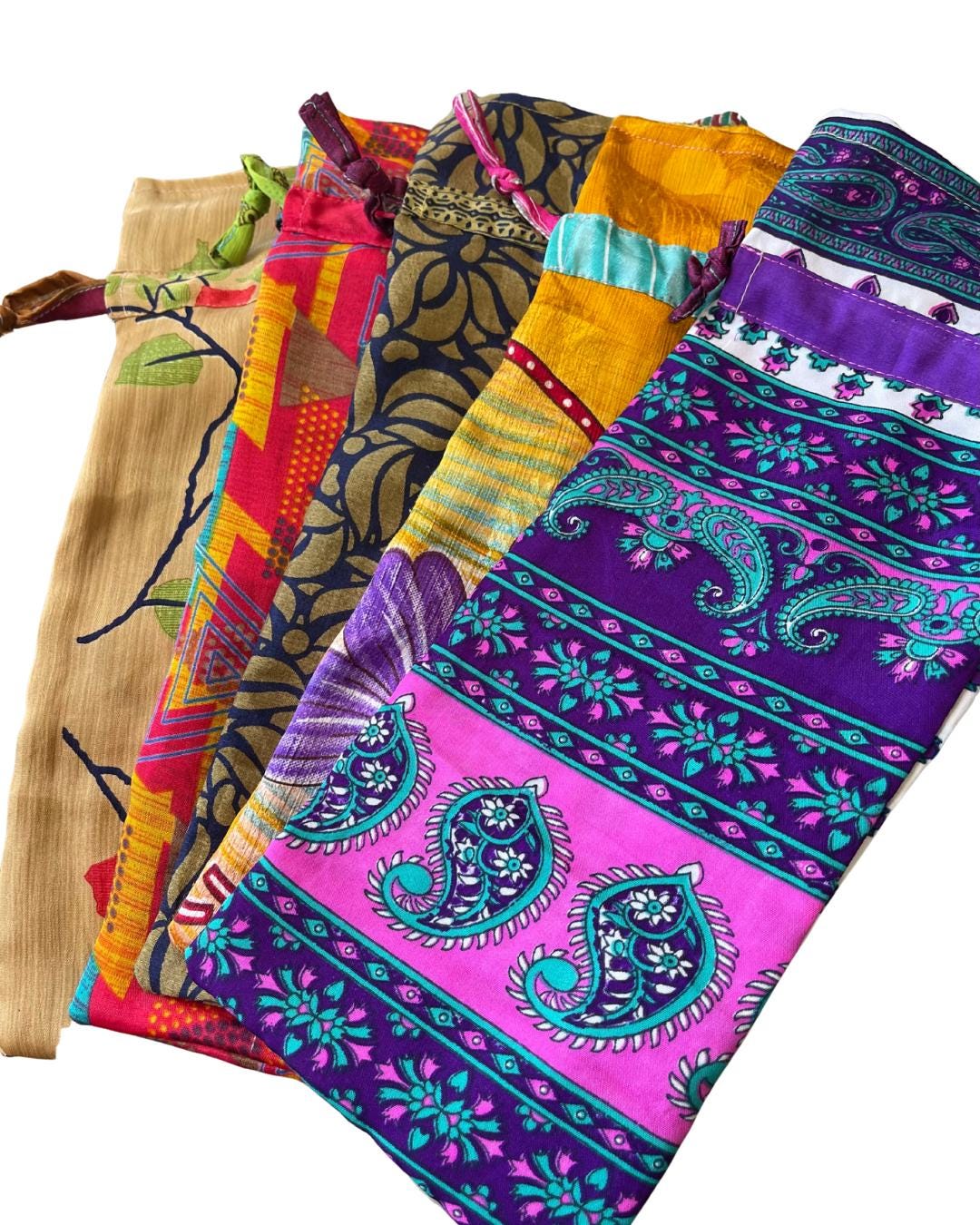 4 recycled sari bottle bags. Eco friendly bottle bags. Recycled bags for gifts. Recycled gift bags. Ethical draw string bags. Wine bags.