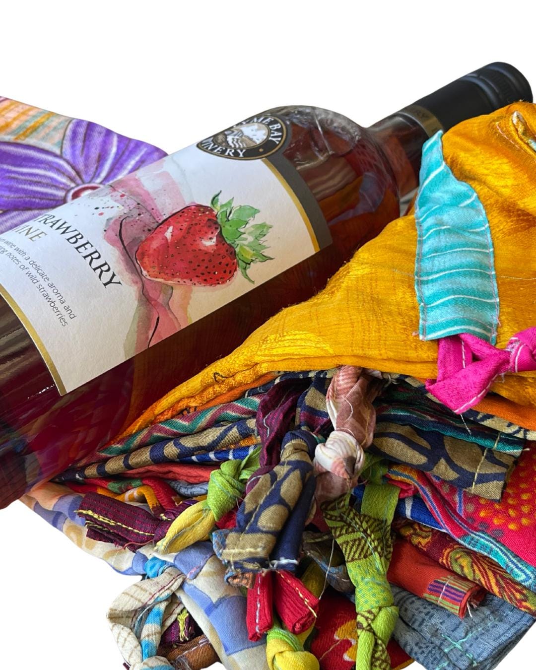 4 recycled sari bottle bags. Eco friendly bottle bags. Recycled bags for gifts. Recycled gift bags. Ethical draw string bags. Wine bags.