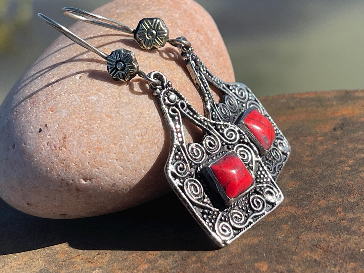 Gypsy jewellery, vintage earrings, red jewellery, ethical jewellery, gypsy earrings, romantic gifts, eco friendly jewellery
