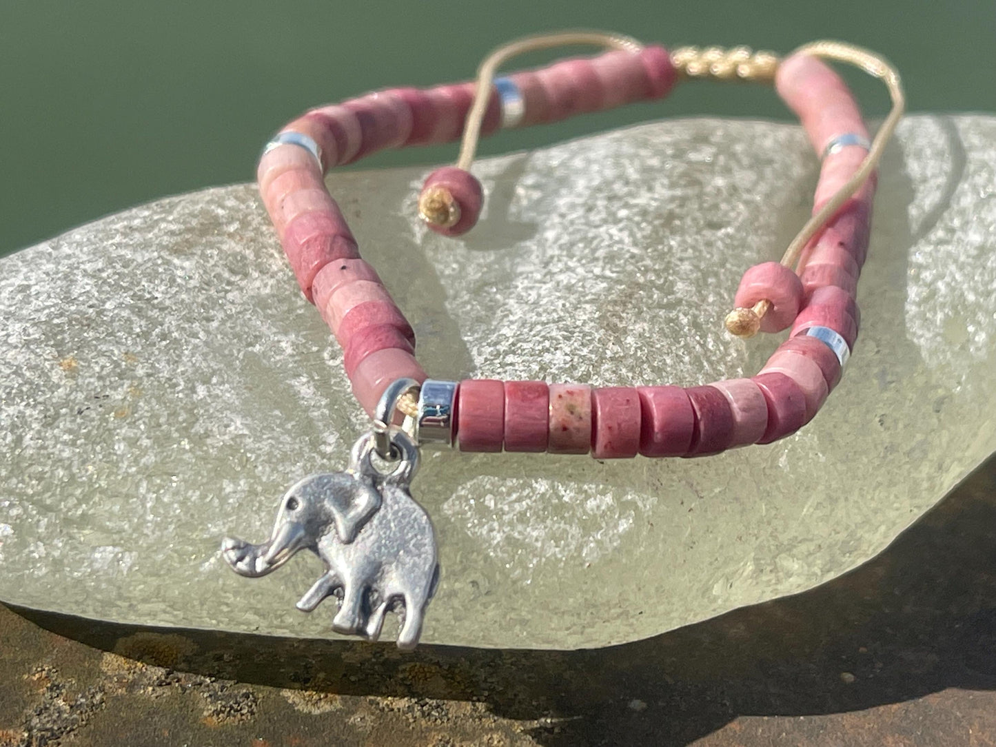 Adjustable rhodonite pink gemstone bracelet, handmade gift for him or her. Ethical jewellery, unique jewellery. Elephant bracelet.