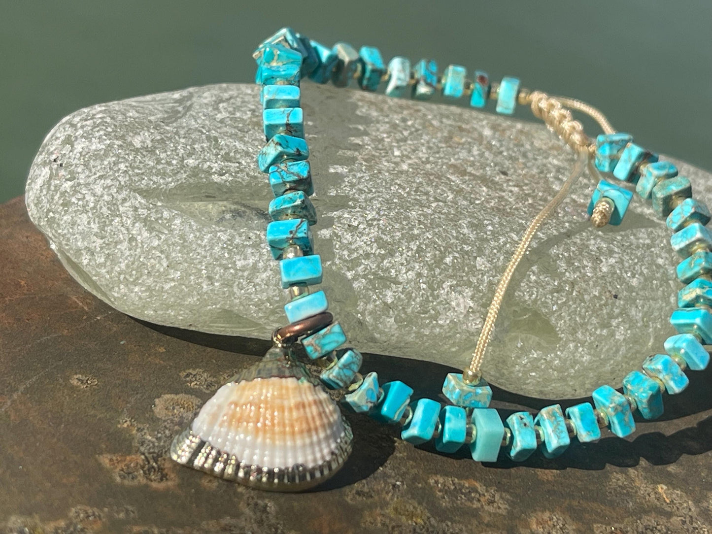 Adjustable blue jasper gemstone bracelet, handmade gift for him or her. Ethical jewellery, handmade unique jewellery. Shell bracelet.