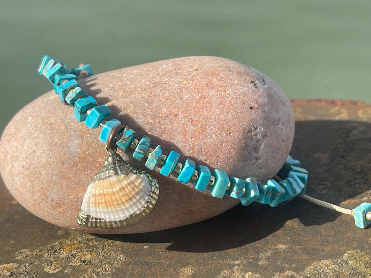 Adjustable blue jasper gemstone bracelet, handmade gift for him or her. Ethical jewellery, handmade unique jewellery. Shell bracelet.