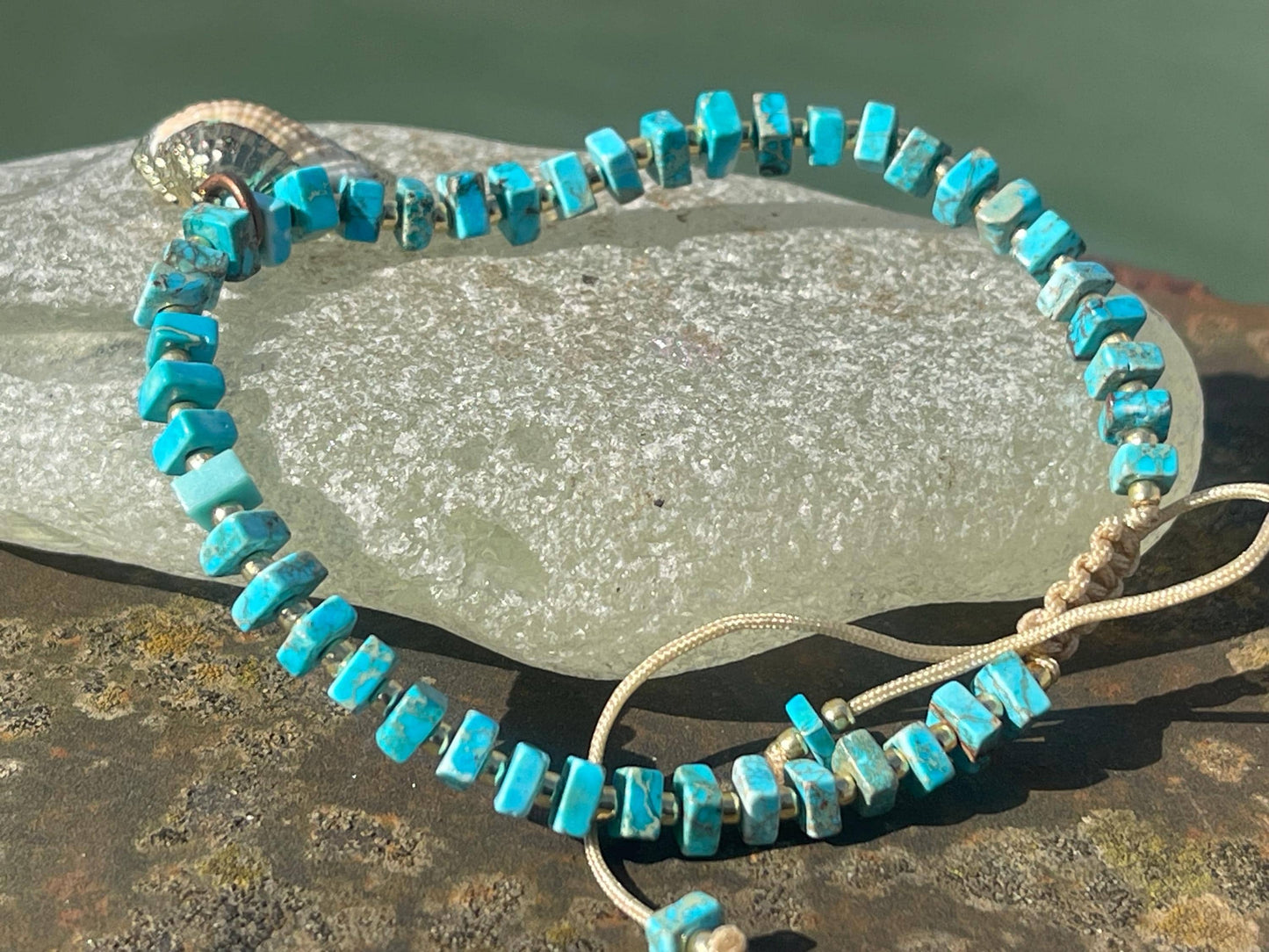 Adjustable blue jasper gemstone bracelet, handmade gift for him or her. Ethical jewellery, handmade unique jewellery. Shell bracelet.