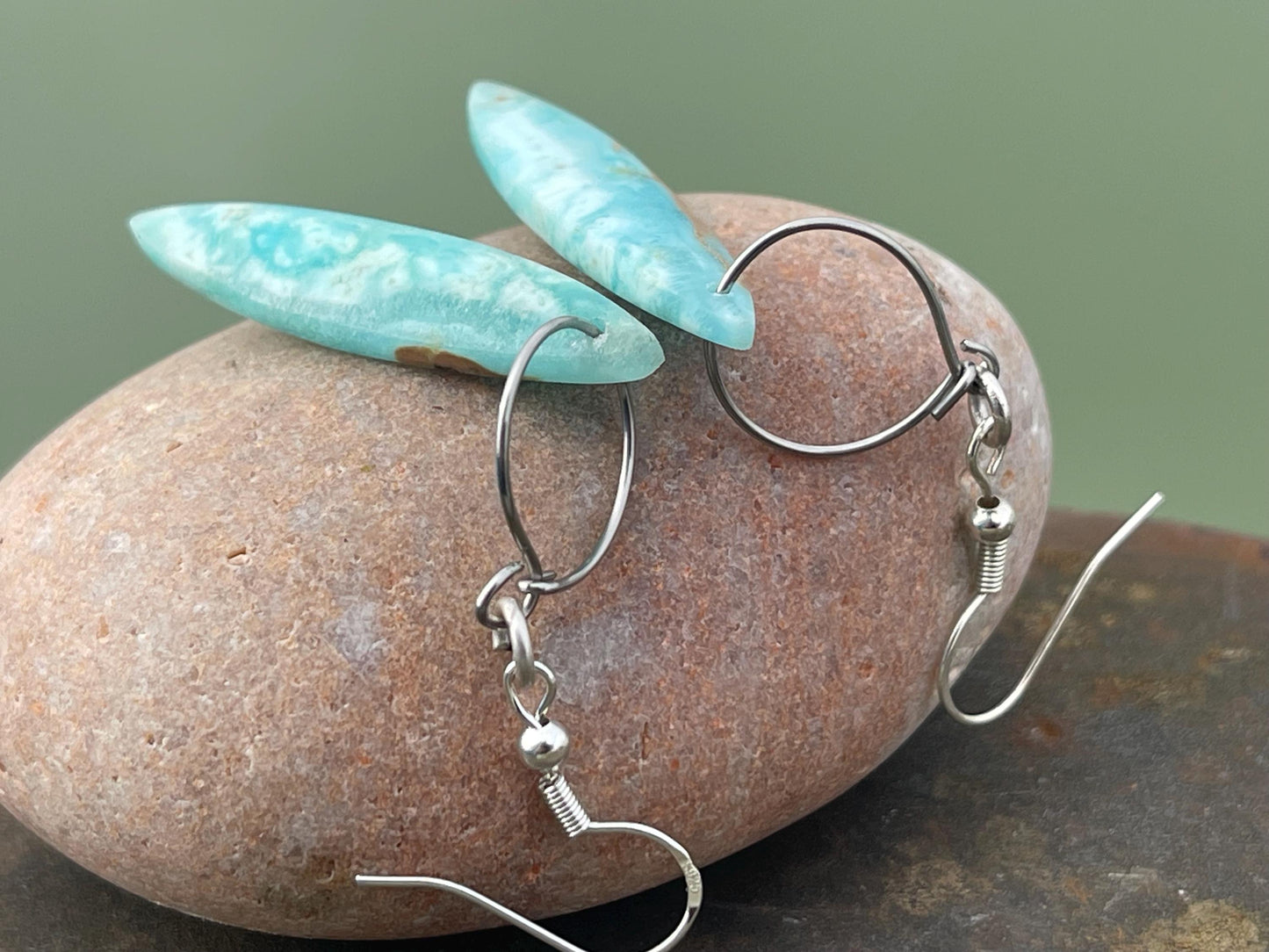 Hemimorphite Marquise gemstone earrings on sterling silver. Ethical jewellery, blue gemstone earrings. Stunning unique jewellery. Unique.