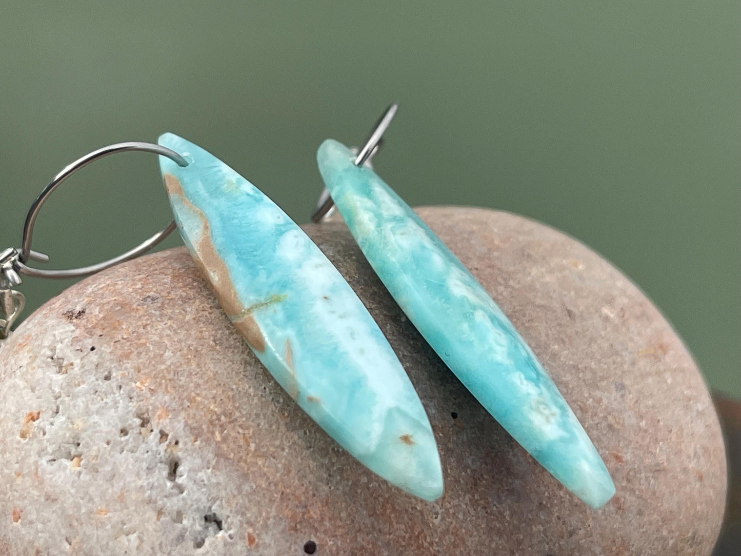 Hemimorphite Marquise gemstone earrings on sterling silver. Ethical jewellery, blue gemstone earrings. Stunning unique jewellery. Unique.