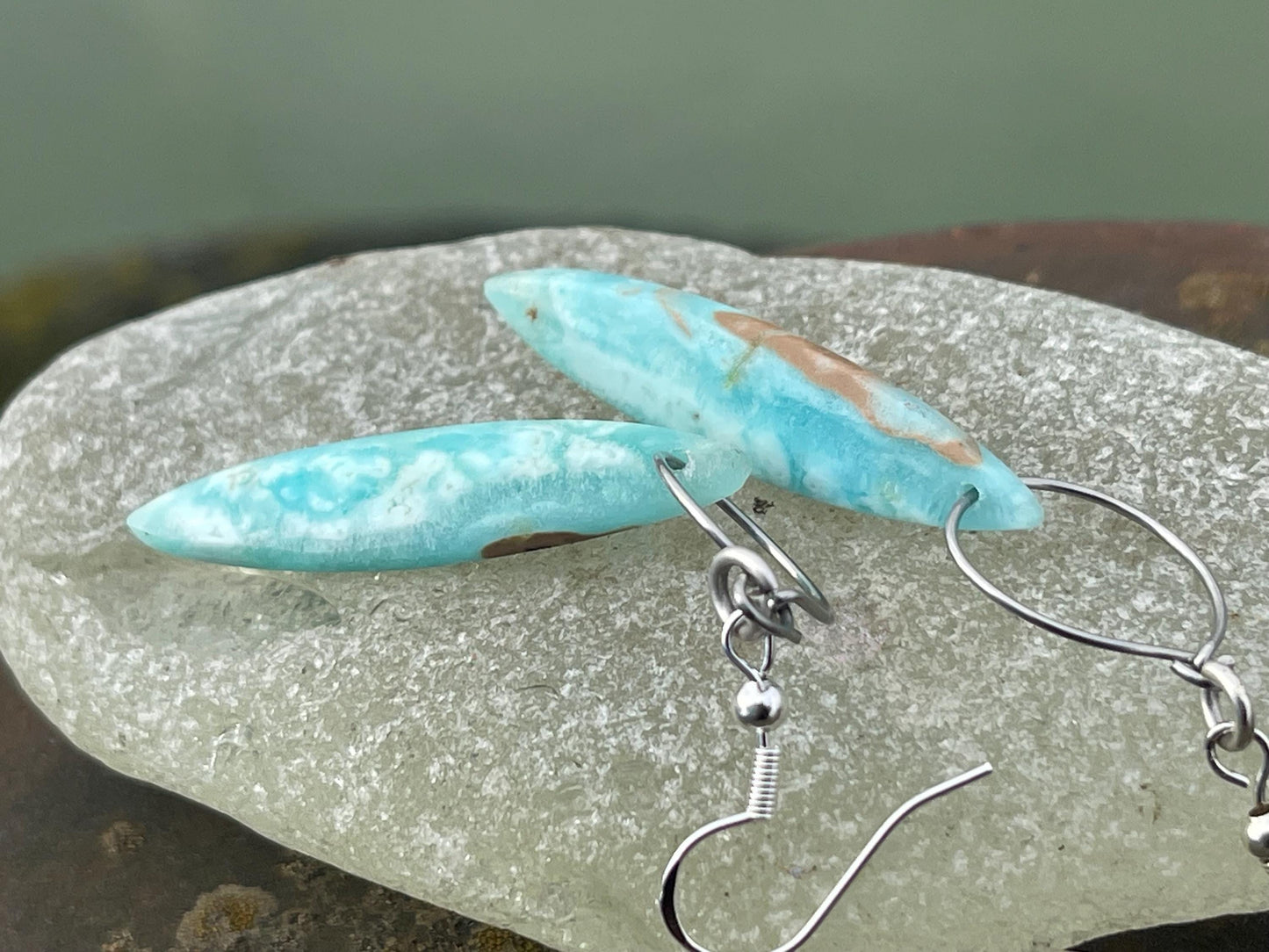Hemimorphite Marquise gemstone earrings on sterling silver. Ethical jewellery, blue gemstone earrings. Stunning unique jewellery. Unique.