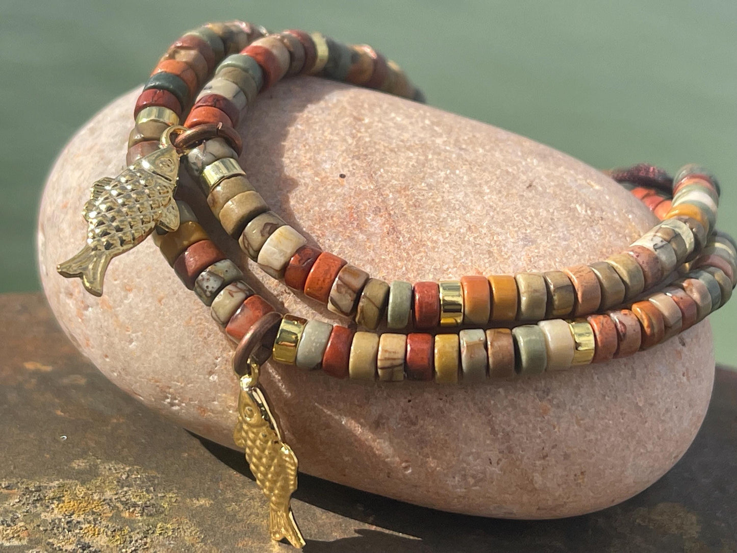 Adjustable Picasso jasper gemstone bracelet, handmade gift for him or her. Ethical jewellery, handmade unique jewellery.