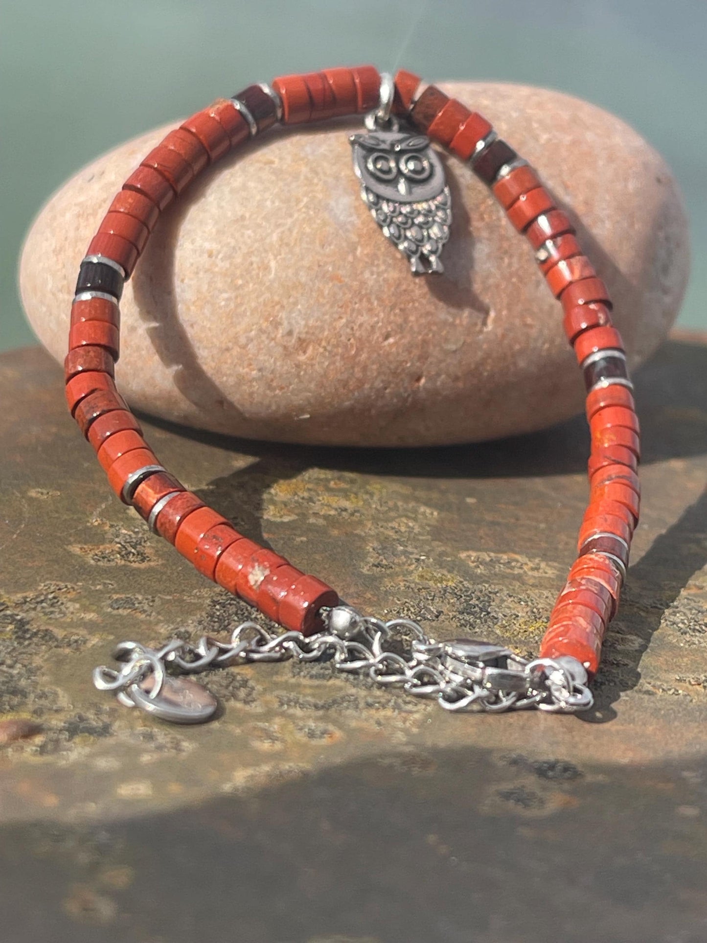 Adjustable red jasper gemstone bracelet, handmade gift for him or her. Ethical jewellery, unique jewellery. Owl bracelet. Owl jewellery.