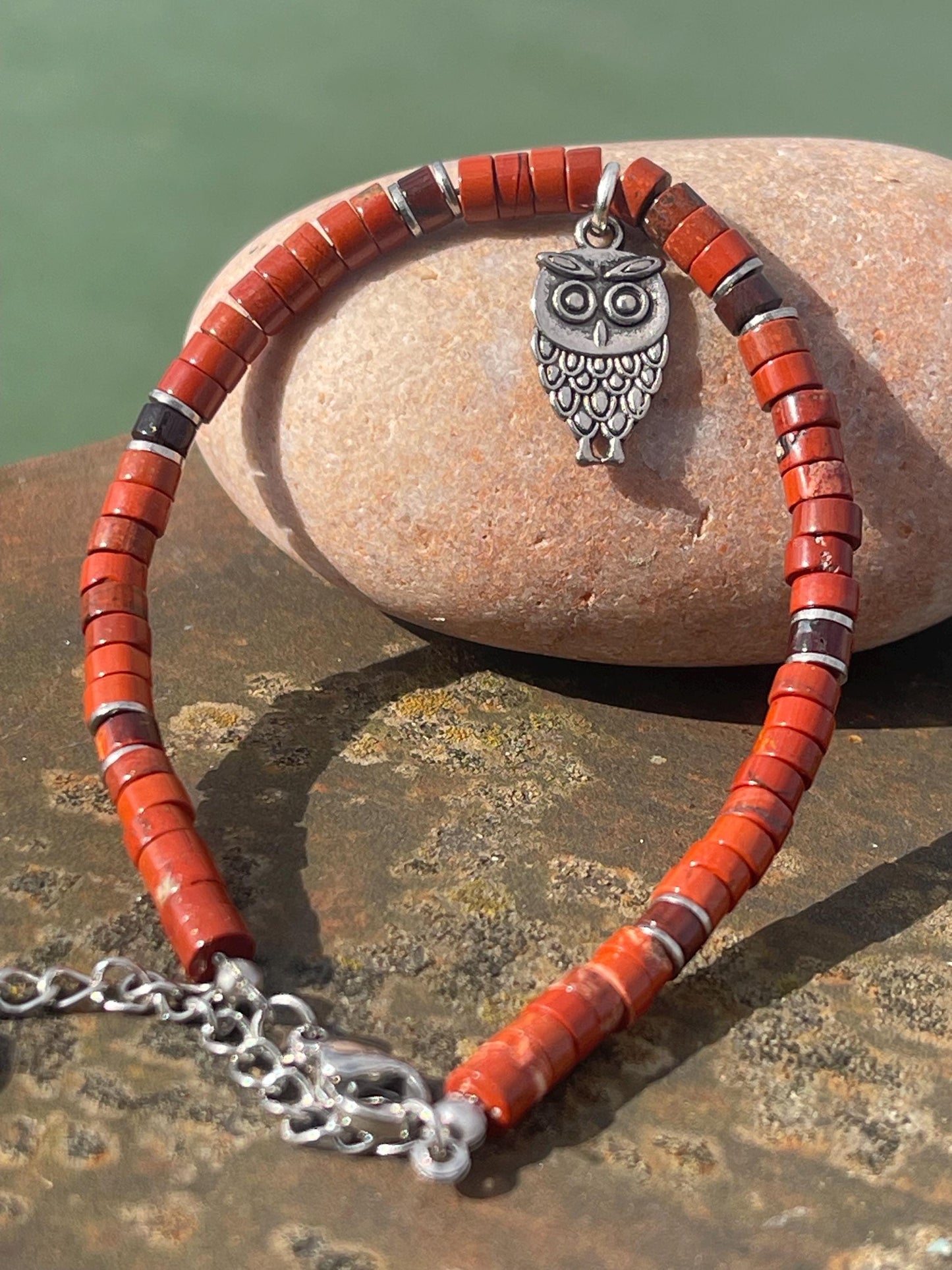 Adjustable red jasper gemstone bracelet, handmade gift for him or her. Ethical jewellery, unique jewellery. Owl bracelet. Owl jewellery.