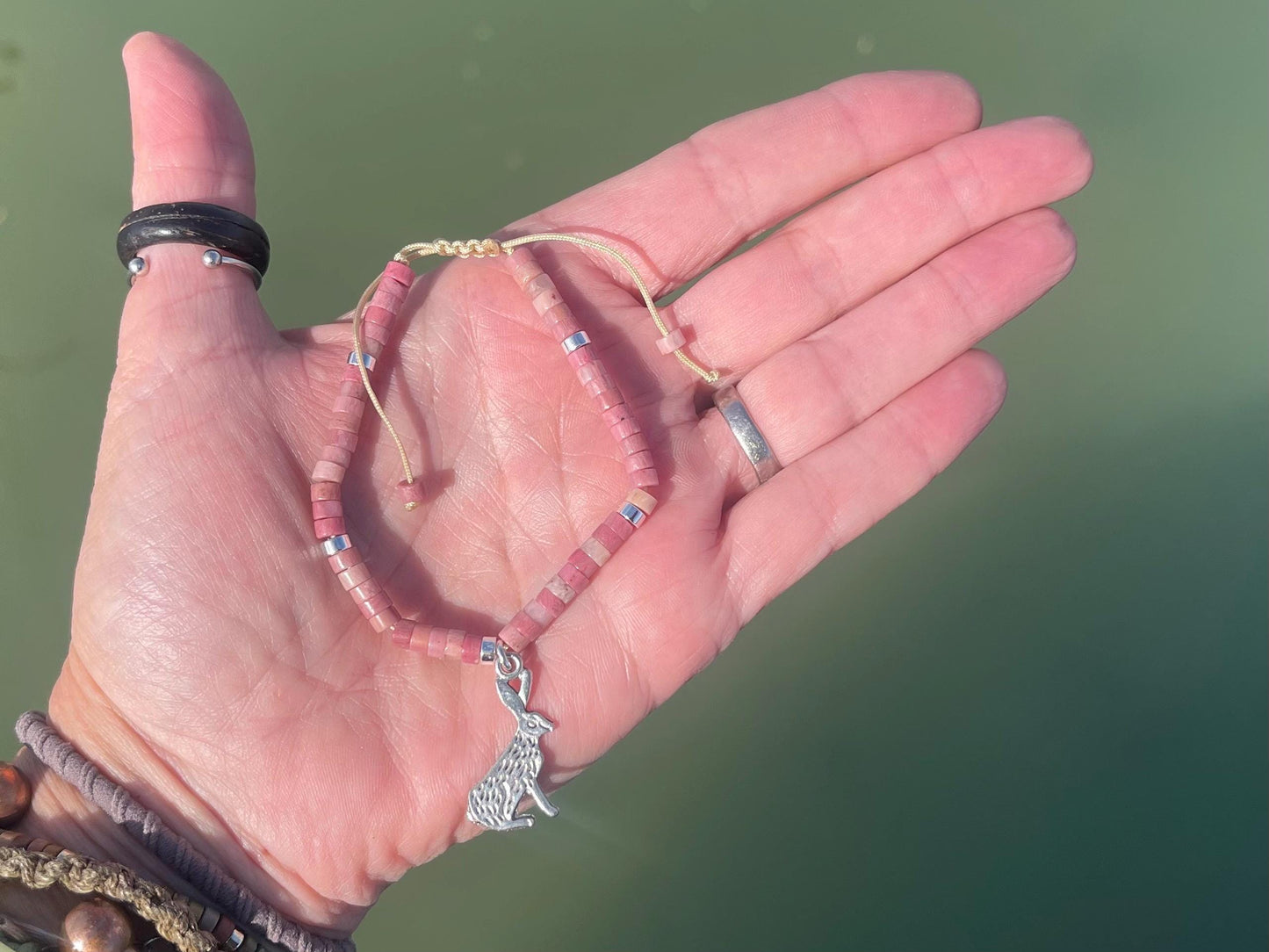 Adjustable rhodonite pink gemstone bracelet, handmade gift for him or her. Ethical jewellery, unique jewellery. Hare bracelet.