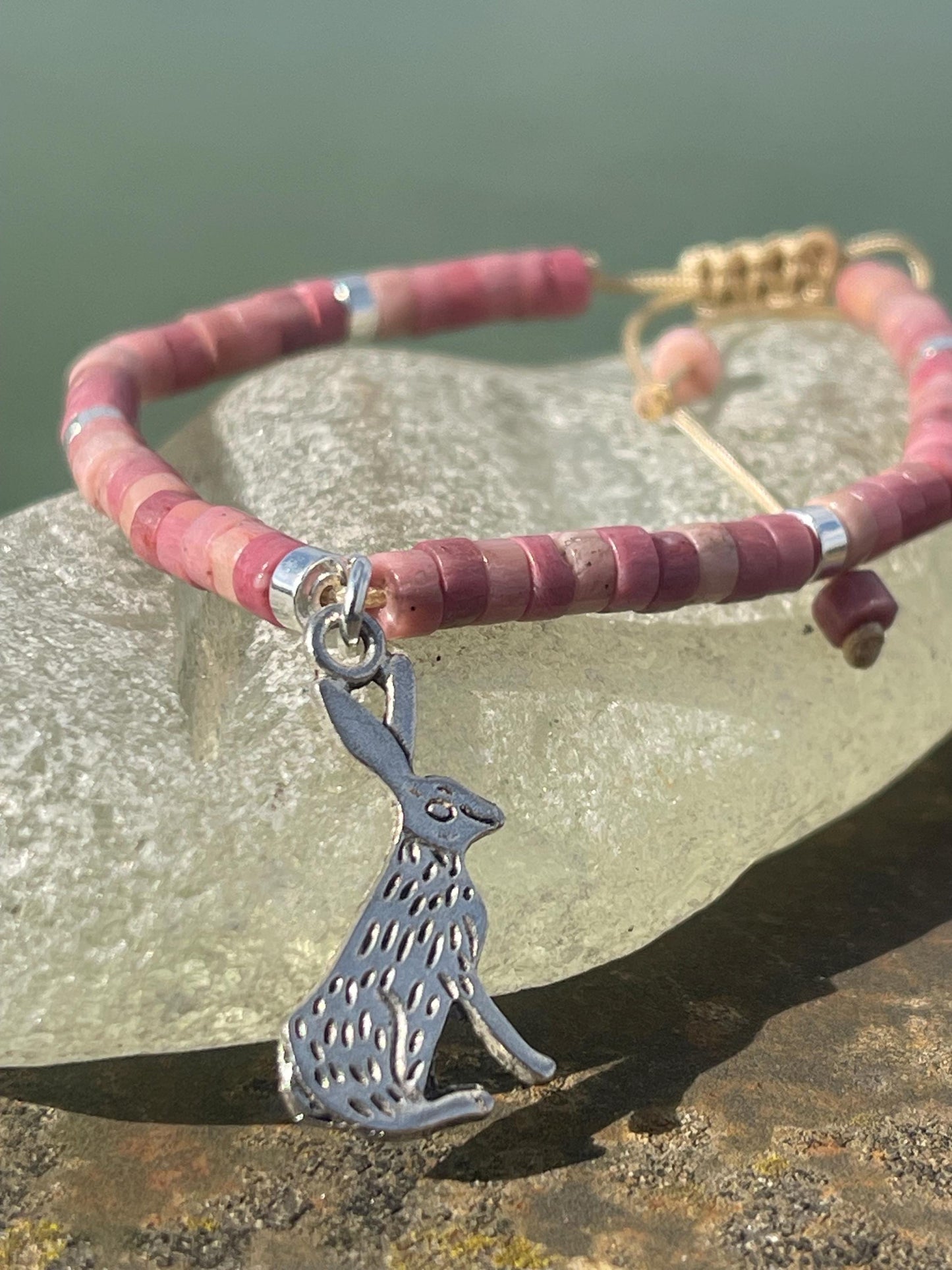 Adjustable rhodonite pink gemstone bracelet, handmade gift for him or her. Ethical jewellery, unique jewellery. Hare bracelet.