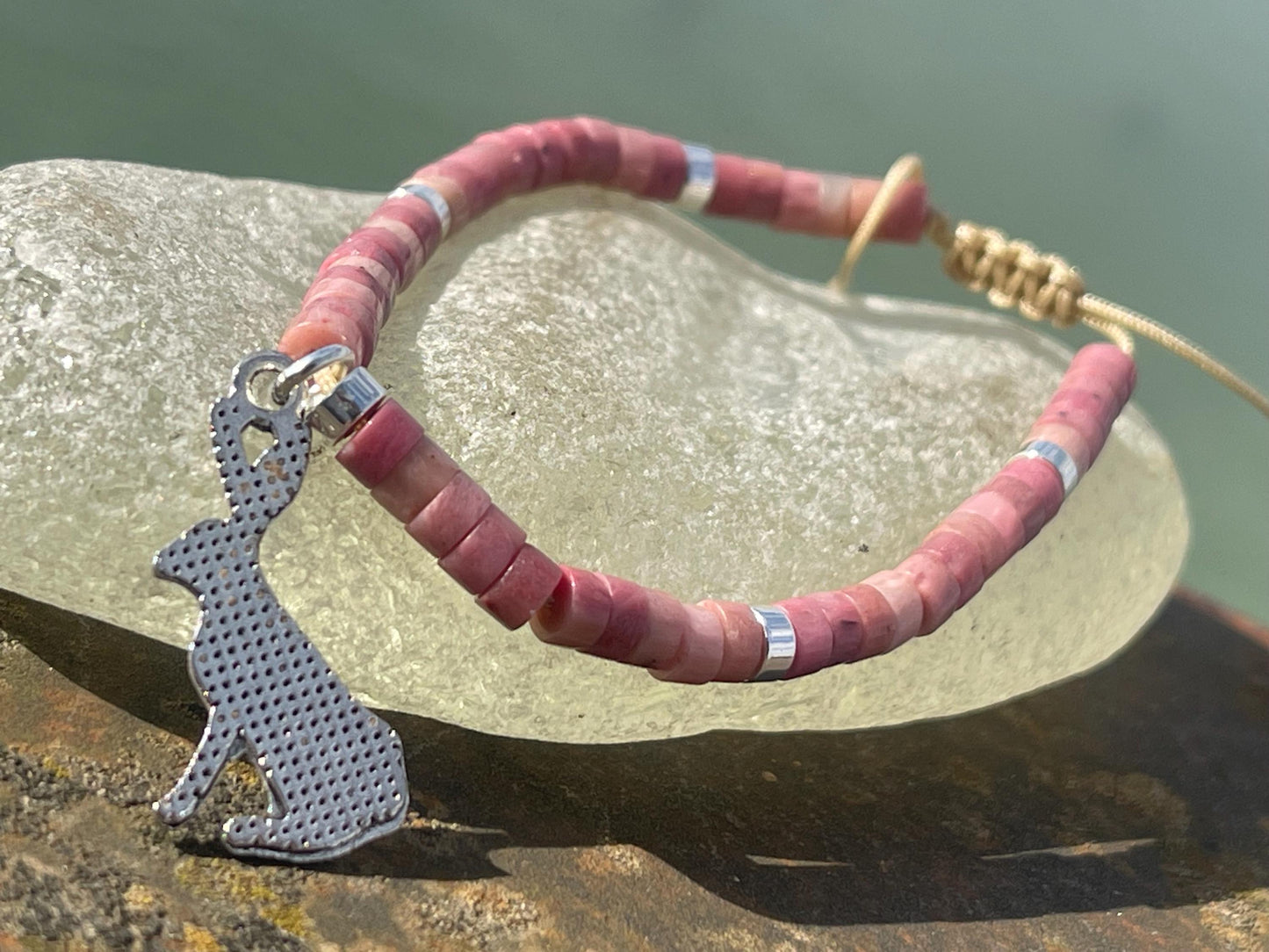 Adjustable rhodonite pink gemstone bracelet, handmade gift for him or her. Ethical jewellery, unique jewellery. Hare bracelet.