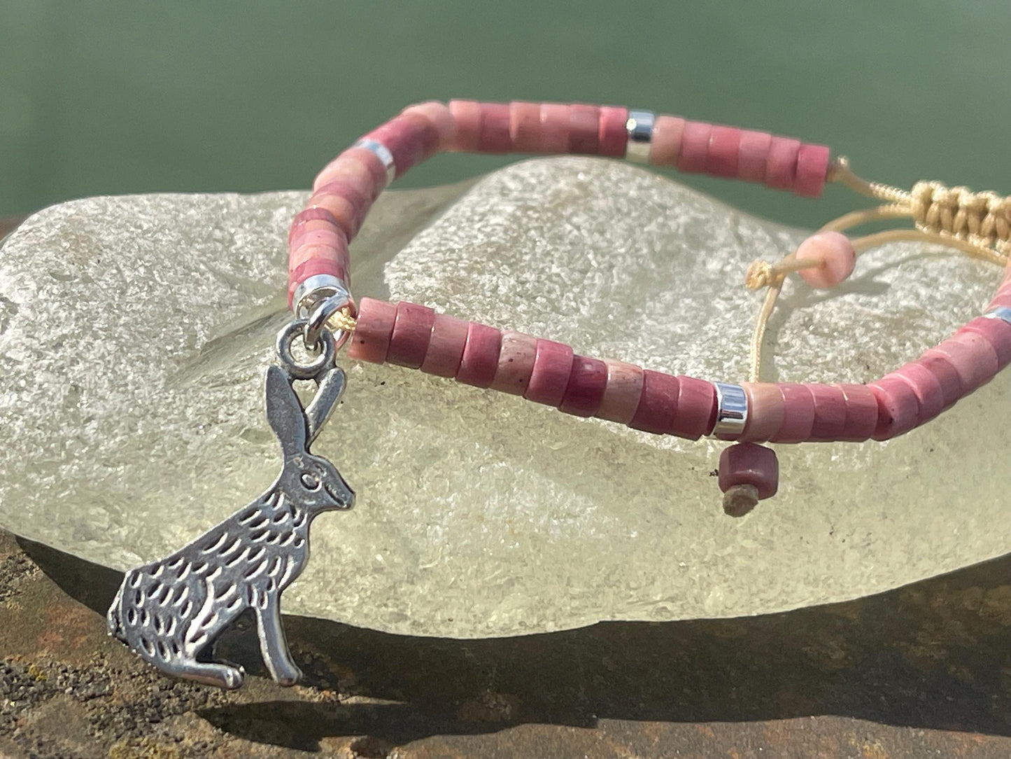 Adjustable rhodonite pink gemstone bracelet, handmade gift for him or her. Ethical jewellery, unique jewellery. Hare bracelet.
