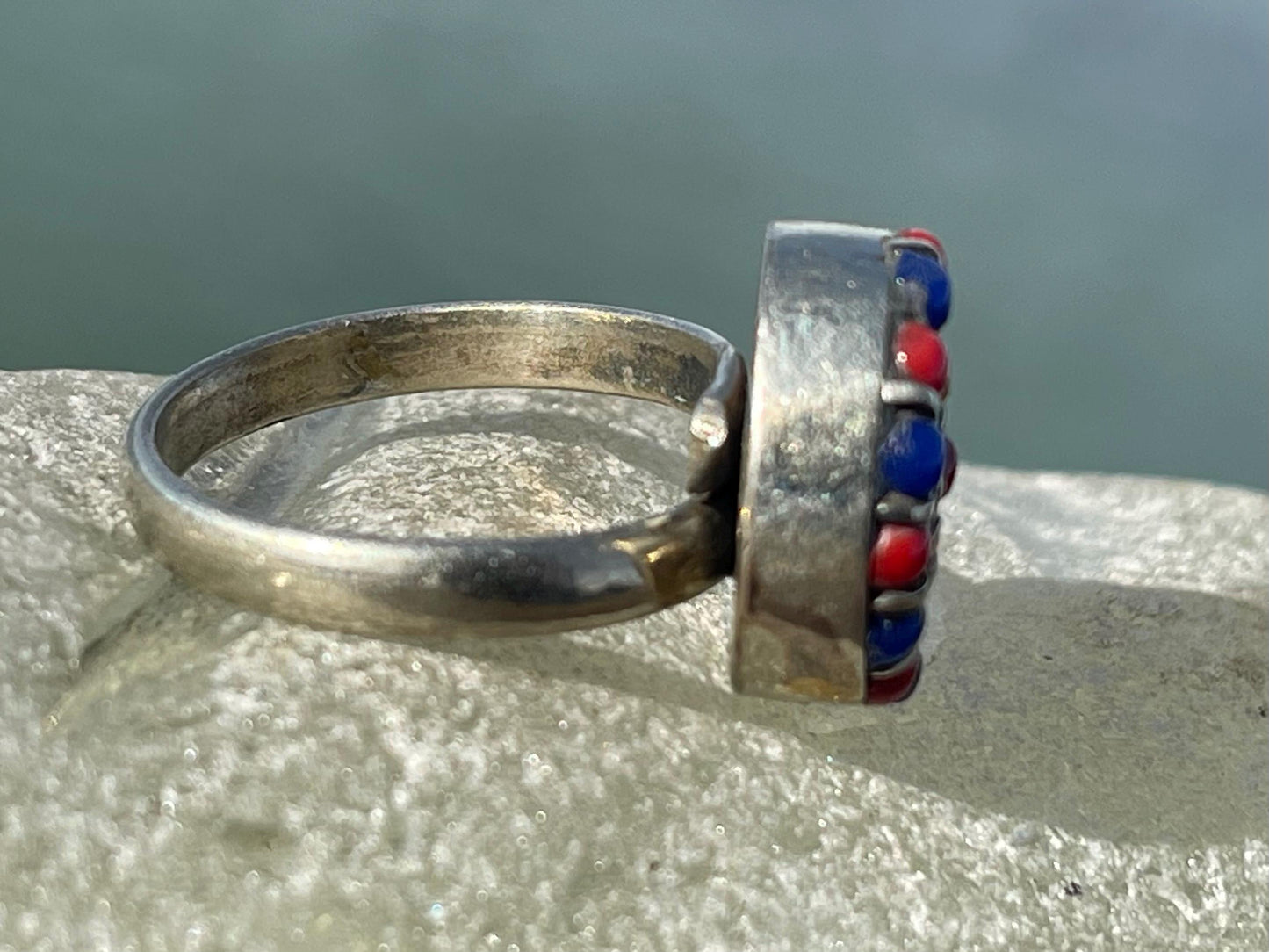 Fabulous vintage turquoise ring, silver & red ring, boho vintage jewellery, ethical jewellery, gypsy ring. Eco friendly jewellery.