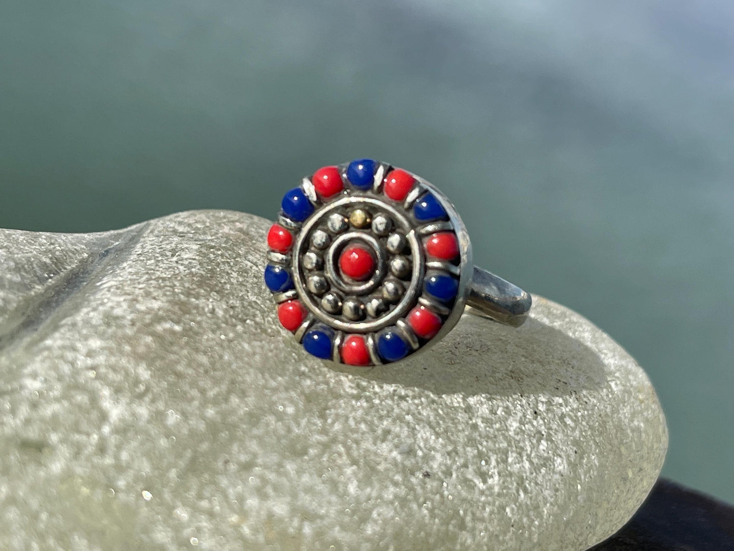 Fabulous vintage turquoise ring, silver & red ring, boho vintage jewellery, ethical jewellery, gypsy ring. Eco friendly jewellery.