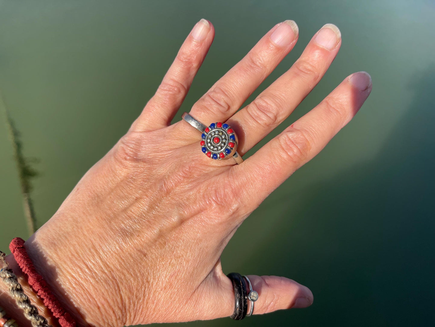 Fabulous vintage turquoise ring, silver & red ring, boho vintage jewellery, ethical jewellery, gypsy ring. Eco friendly jewellery.
