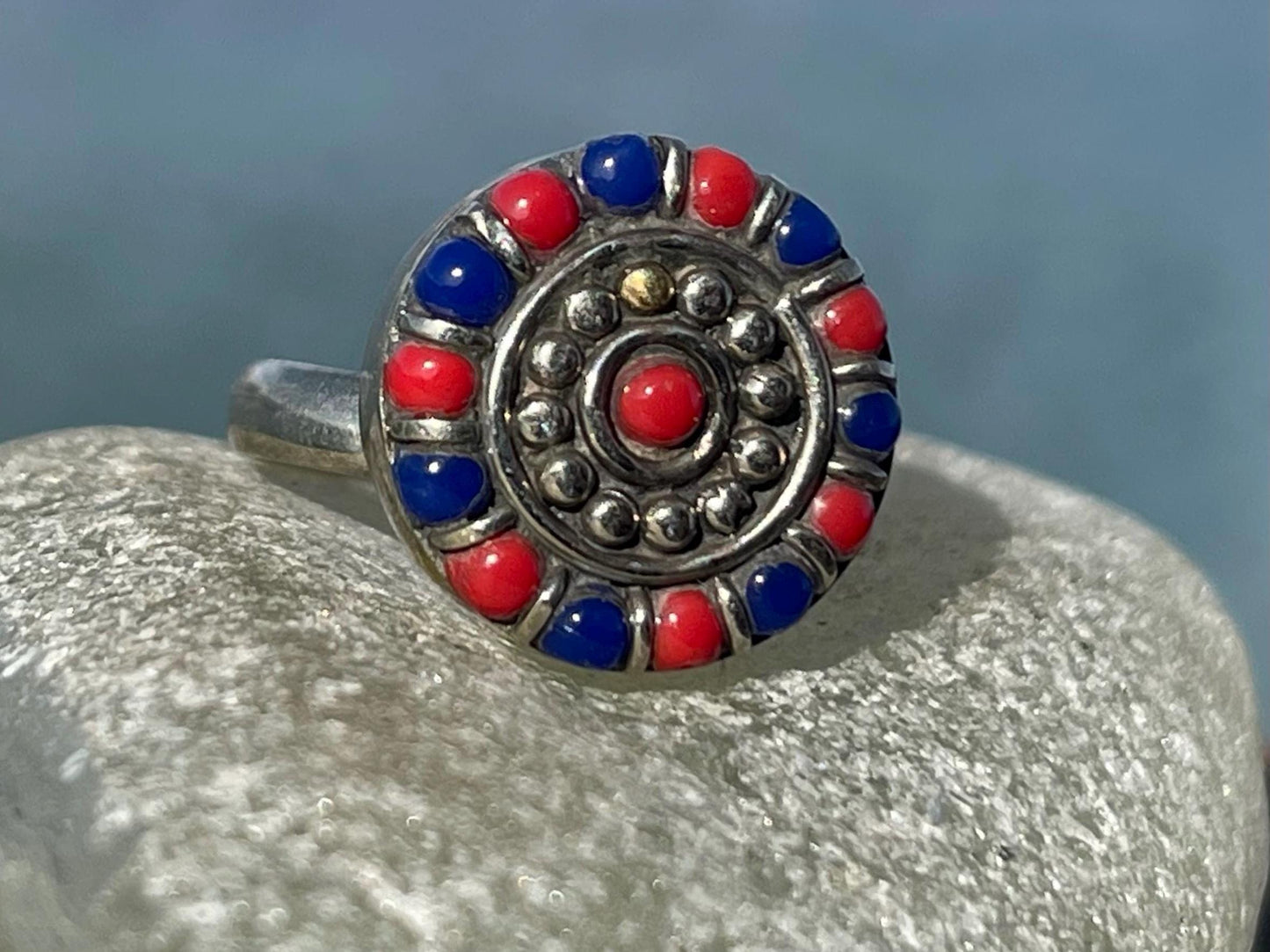 Fabulous vintage turquoise ring, silver & red ring, boho vintage jewellery, ethical jewellery, gypsy ring. Eco friendly jewellery.