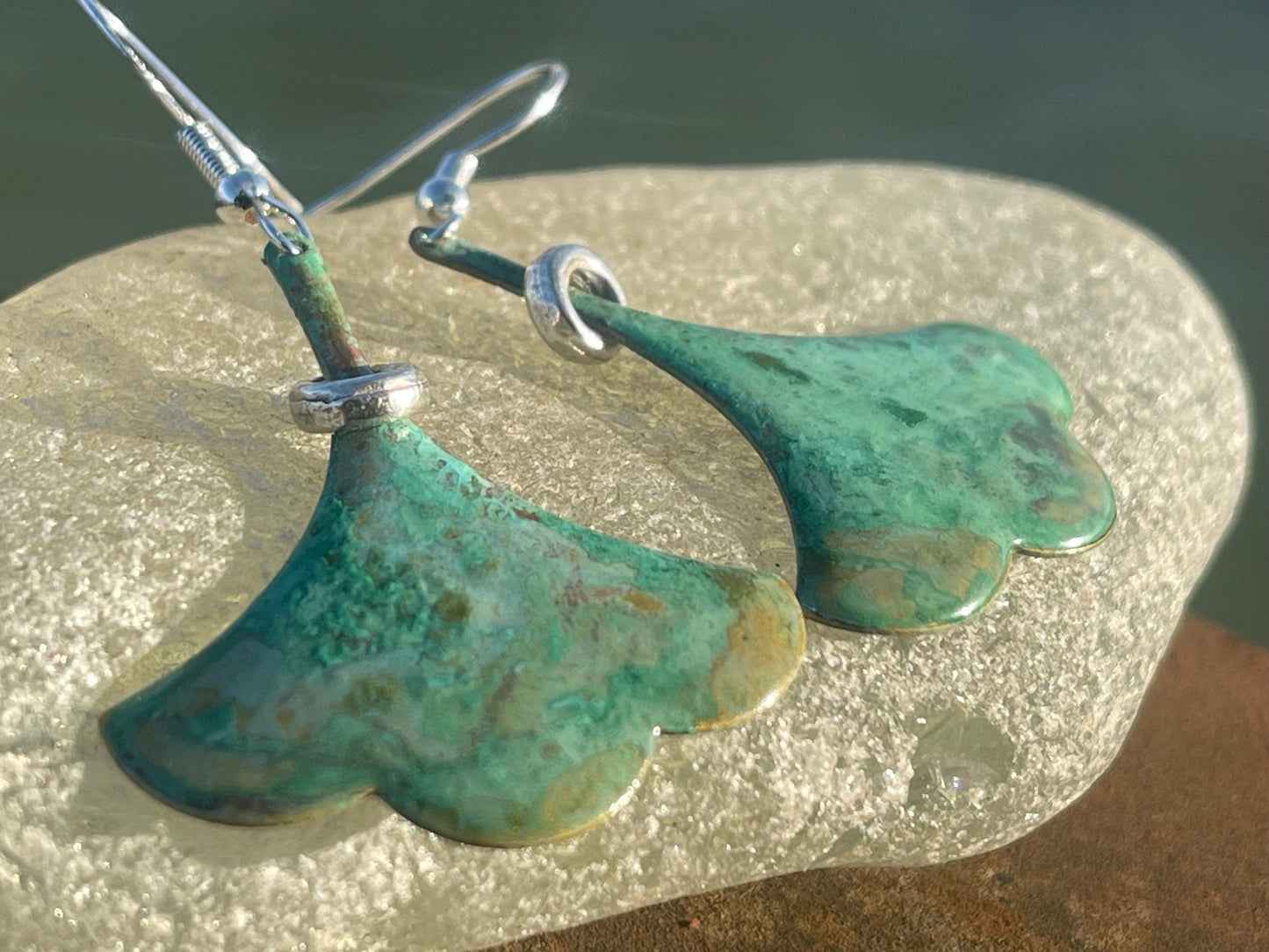 Handmade leaf earrings. Rustic earrings, unusual earrings, unusual gift for her, blue earrings, boho earrings, large statement earrings.