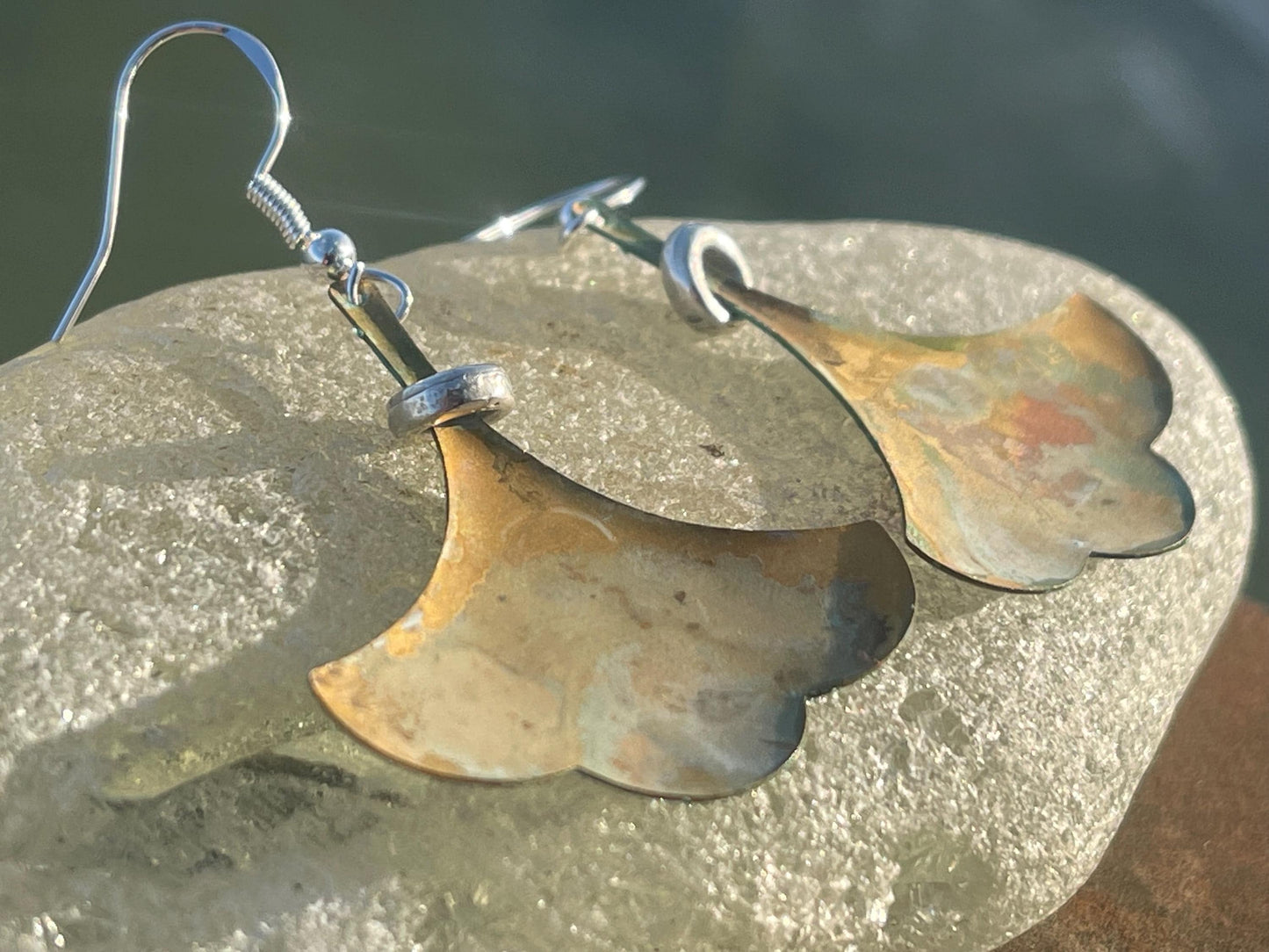 Handmade leaf earrings. Rustic earrings, unusual earrings, unusual gift for her, blue earrings, boho earrings, large statement earrings.