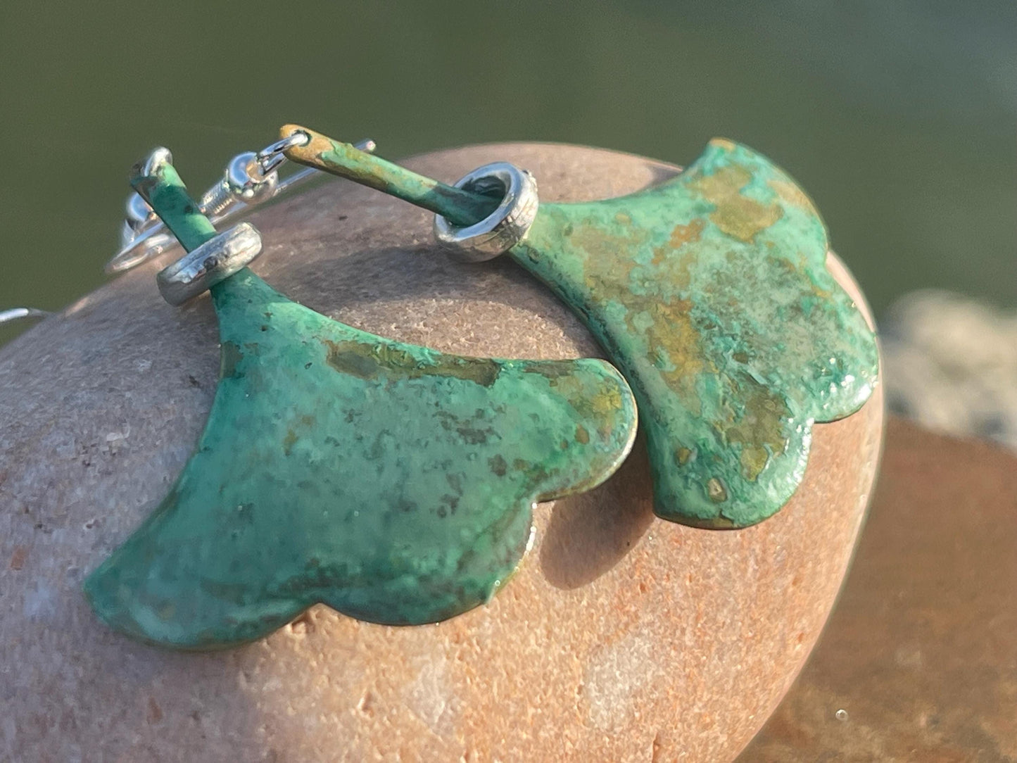 Handmade leaf earrings. Rustic earrings, unusual earrings, unusual gift for her, blue earrings, boho earrings, large statement earrings.