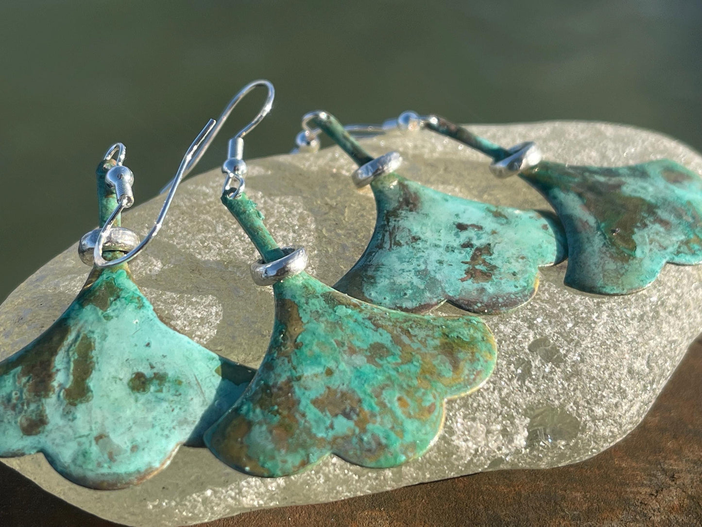 Handmade leaf earrings. Rustic earrings, unusual earrings, unusual gift for her, blue earrings, boho earrings, large statement earrings.